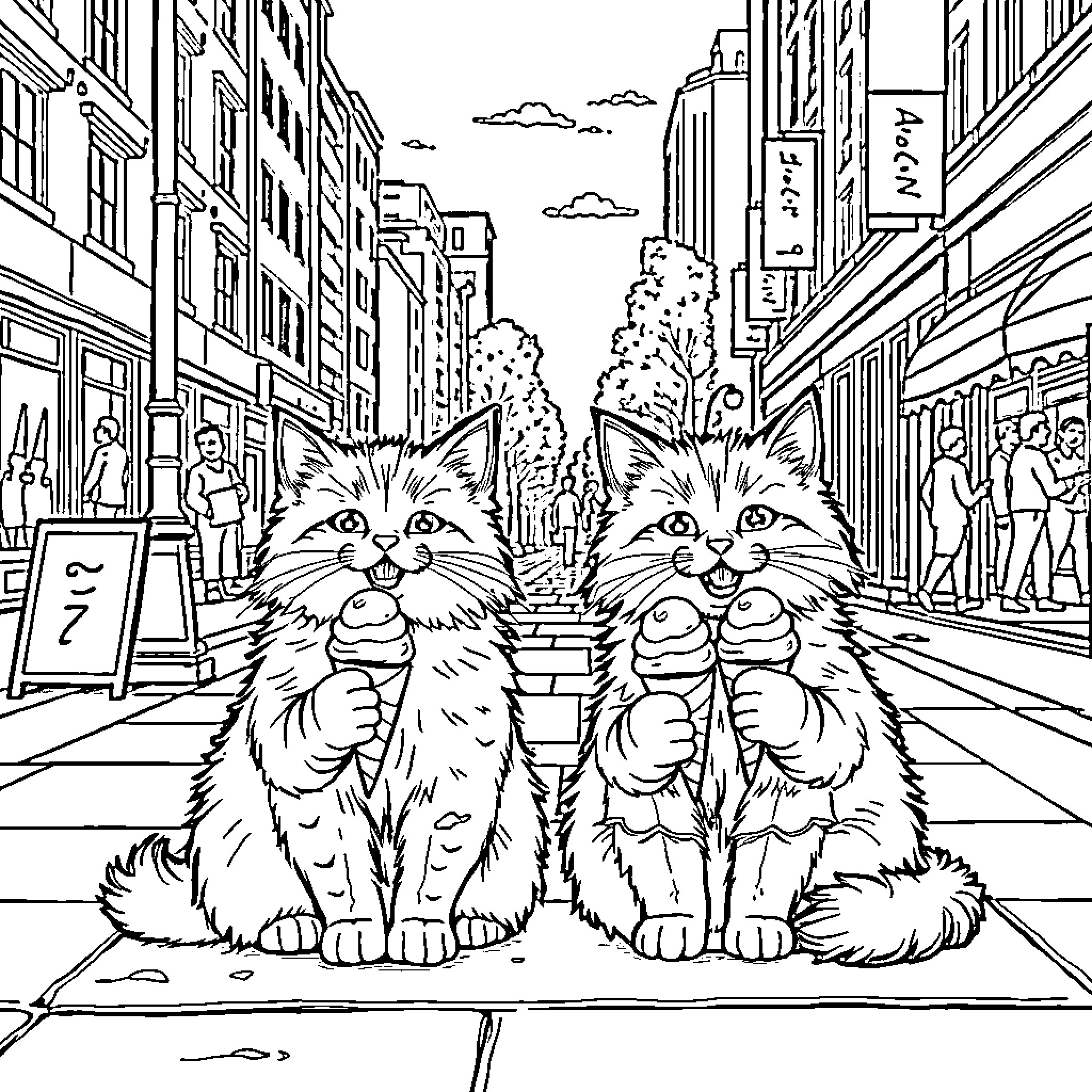 Cats Sitting on a City Street Coloring Page (free black-and-white line drawing printable PDF for all, from beginners to advanced learners, including children, teens, adults, and seniors)