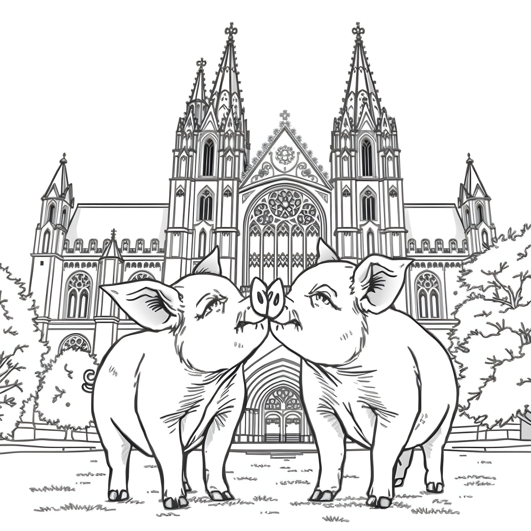 Pig pals posing in front of medieval cathedral Coloring Page (free black-and-white line drawing printable PDF for all, from beginners to advanced learners, including children, teens, adults, and seniors)