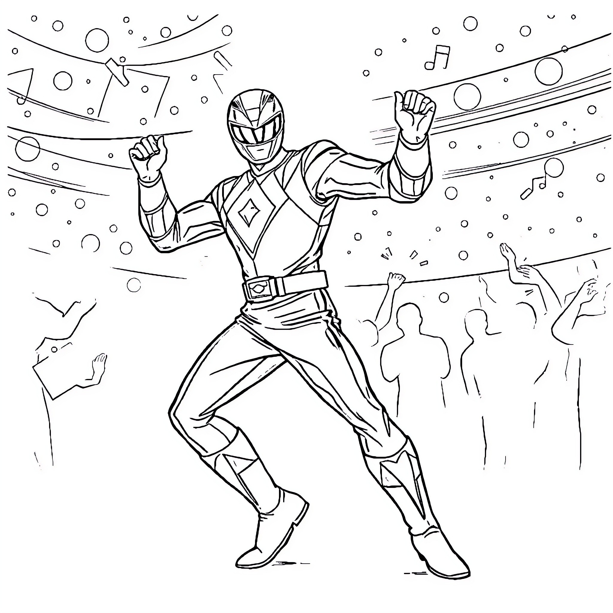 Red Ranger heroically defending against foes Coloring Page (free black-and-white line drawing printable PDF for all, from beginners to advanced learners, including children, teens, adults, and seniors)
