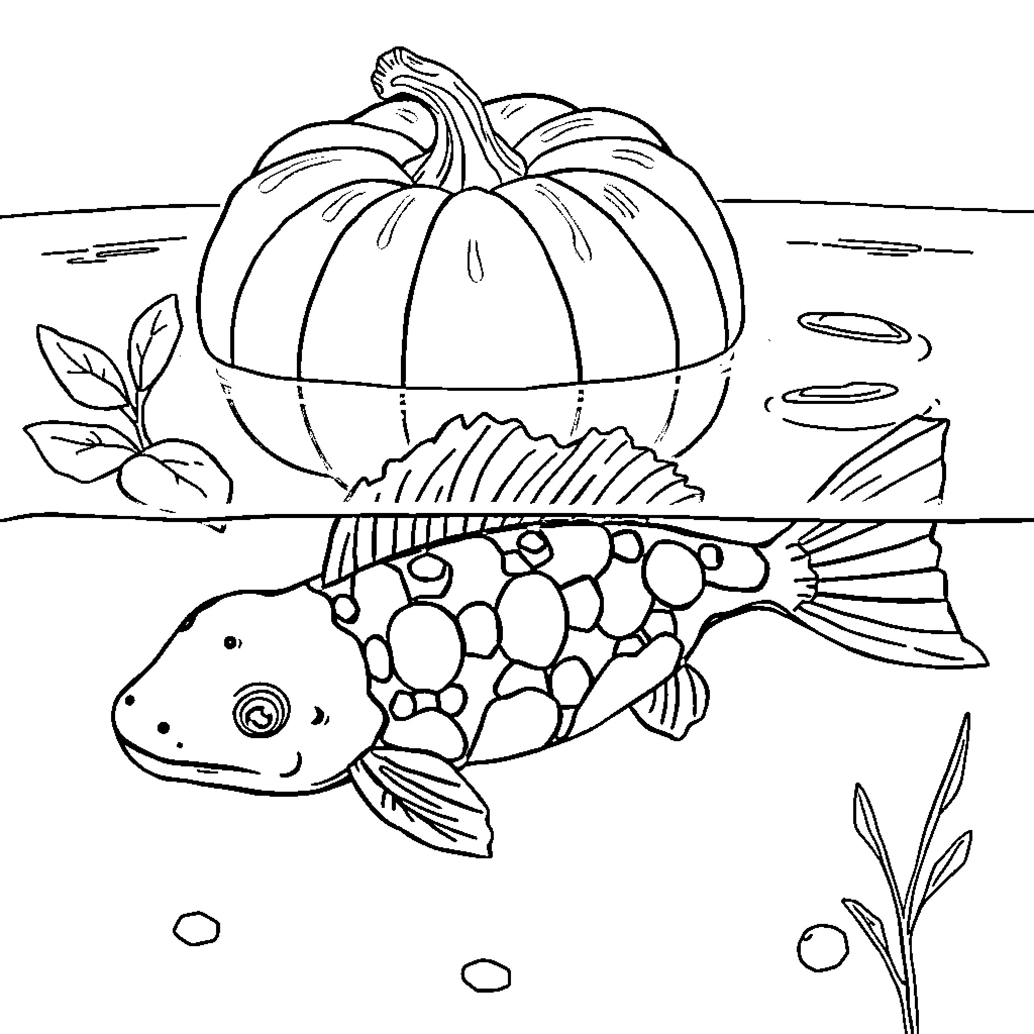 Pumpkin Fishing for Fun in the Water Coloring Page (free black-and-white line drawing printable PDF for all, from beginners to advanced learners, including children, teens, adults, and seniors)