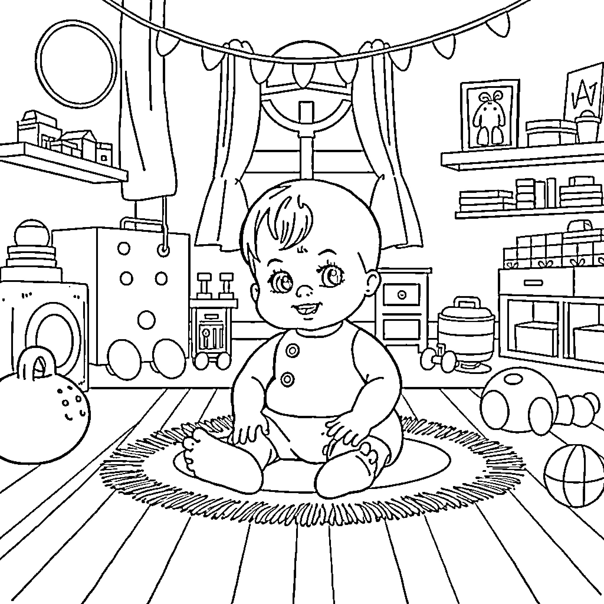 Doll playing on a soft rug in a cozy room Coloring Page (free black-and-white line drawing printable PDF for all, from beginners to advanced learners, including children, teens, adults, and seniors)