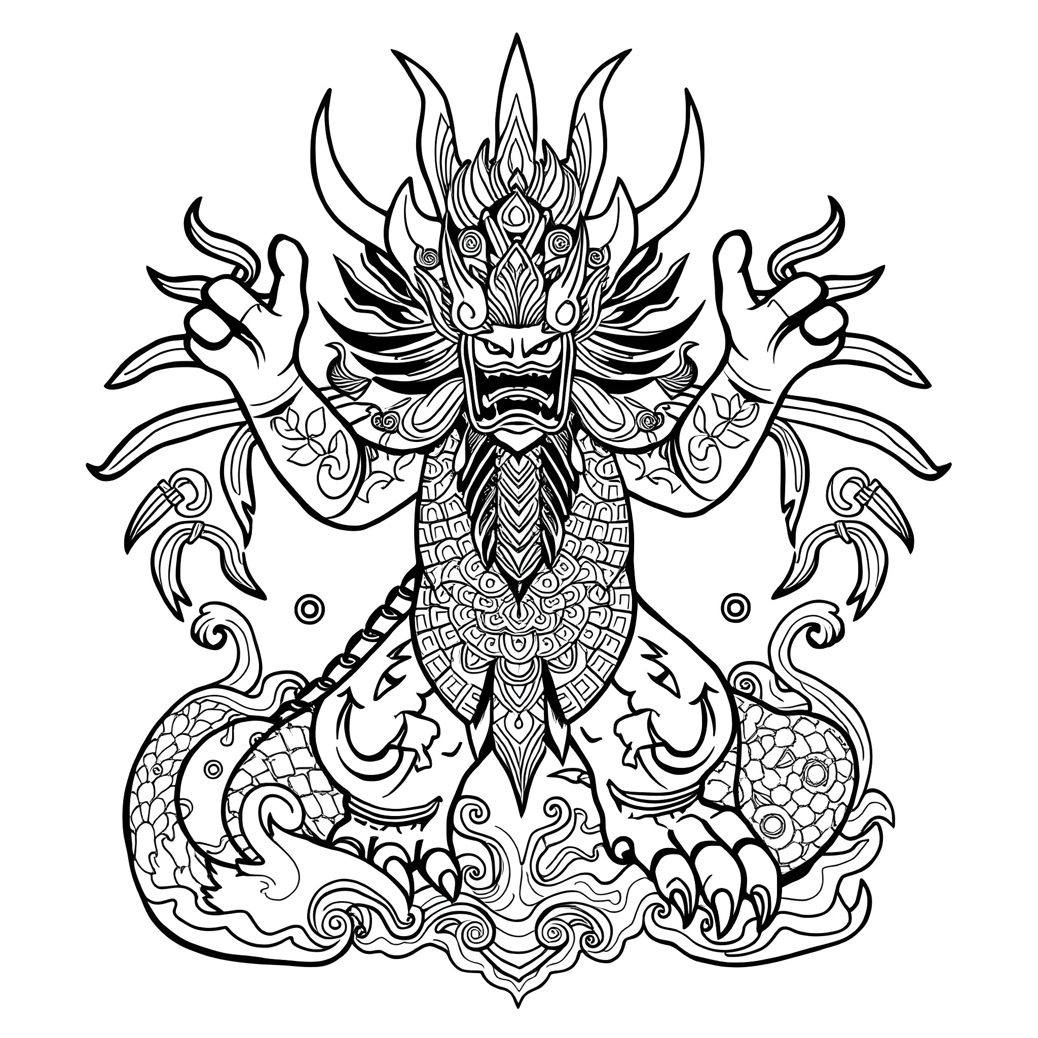 Mishipeshu - Ornate Mythical Creature in Ceremonial Garb Coloring Page (free black-and-white line drawing printable PDF for all, from beginners to advanced learners, including children, teens, adults, and seniors)