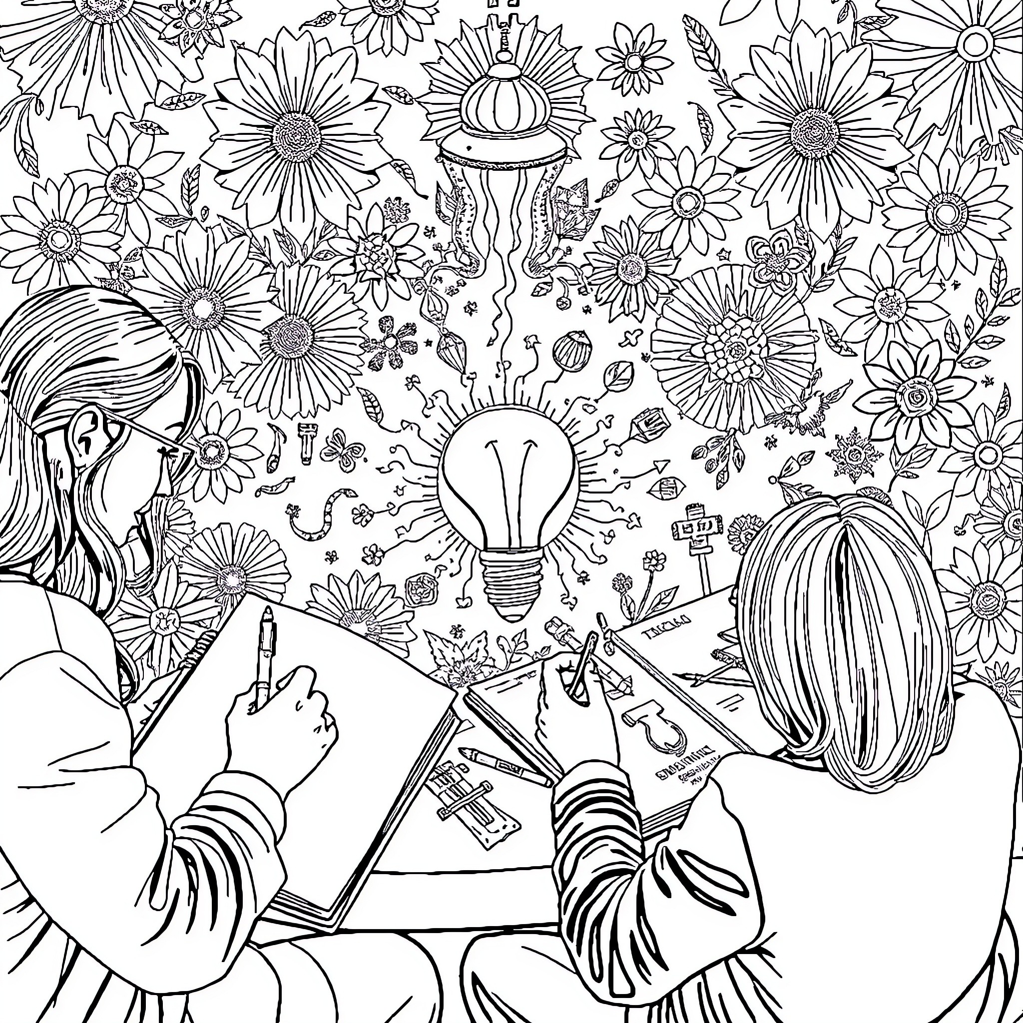 Person drawing creative illustrations with light bulb ideas Coloring Page (free black-and-white line drawing printable PDF for all, from beginners to advanced learners, including children, teens, adults, and seniors)