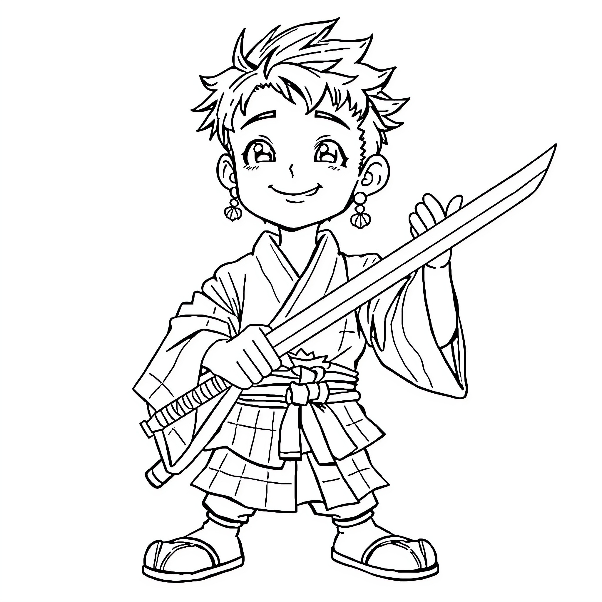 Tanjiro in Determined Samurai Stance Coloring Page (free black-and-white line drawing printable PDF for all, from beginners to advanced learners, including children, teens, adults, and seniors)