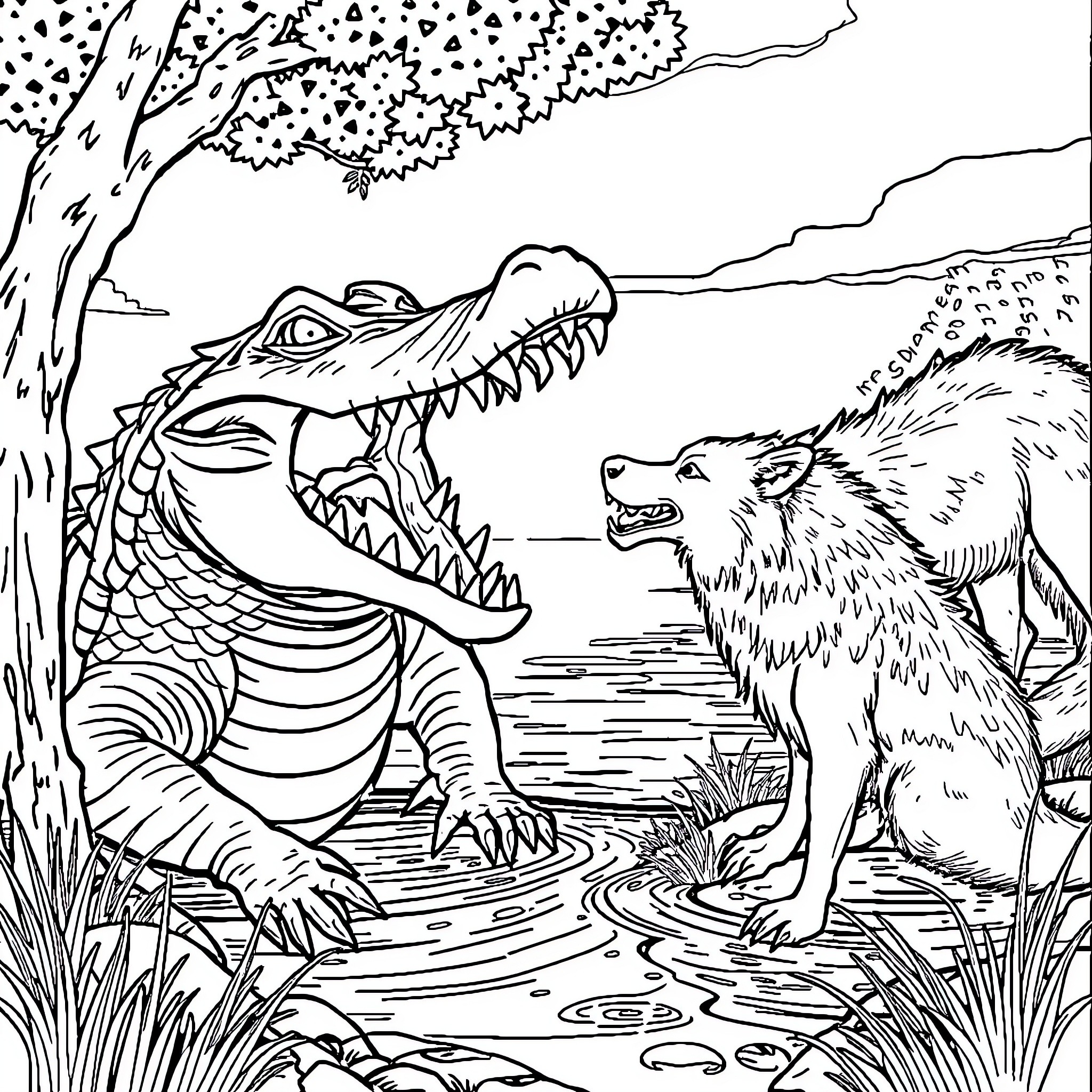 Crocodile and Wolf Encounter in the Wild Coloring Page (free black-and-white line drawing printable PDF for all, from beginners to advanced learners, including children, teens, adults, and seniors)