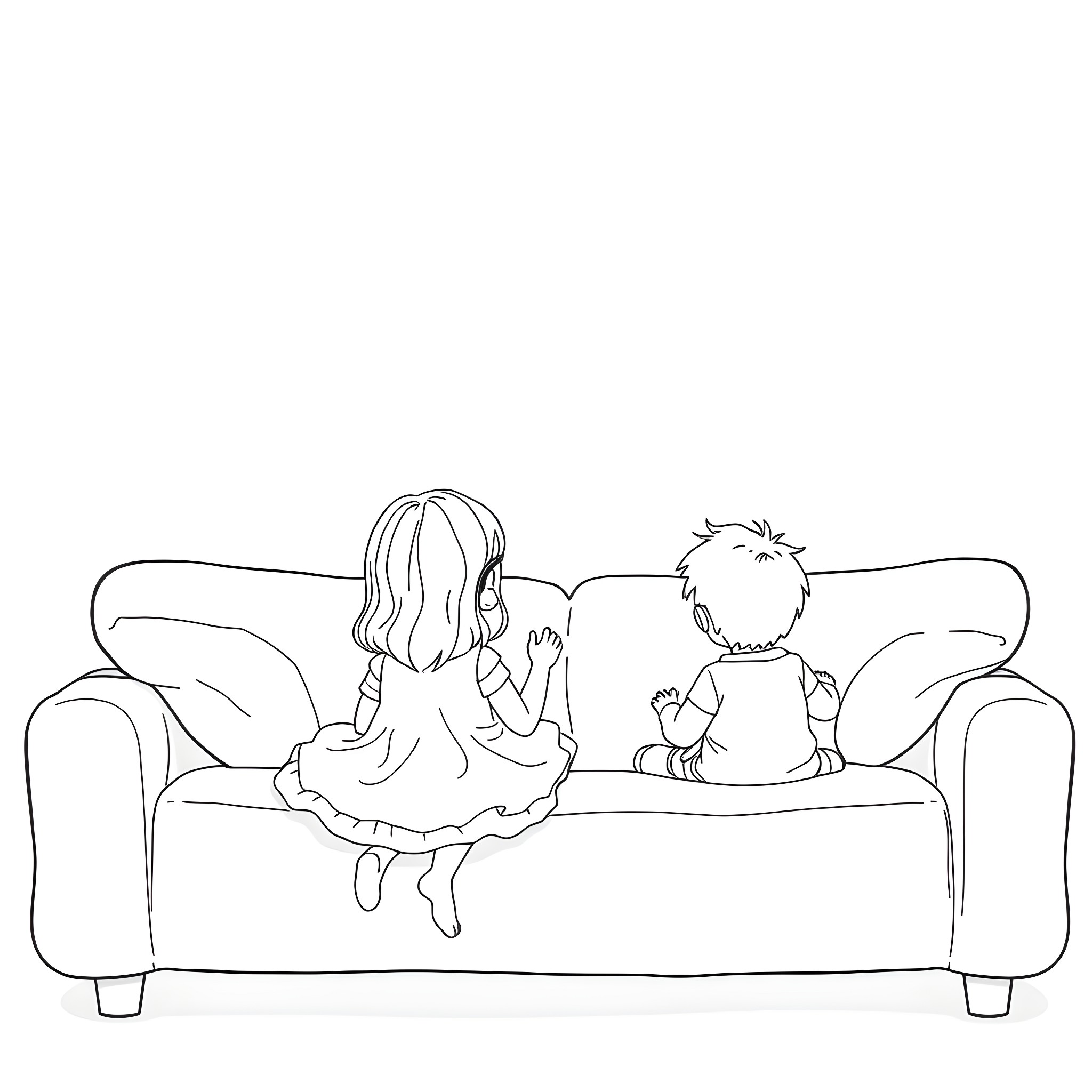 Teddy Bear and Girl Sitting on Sofa Coloring Page (free black-and-white line drawing printable PDF for all, from beginners to advanced learners, including children, teens, adults, and seniors)