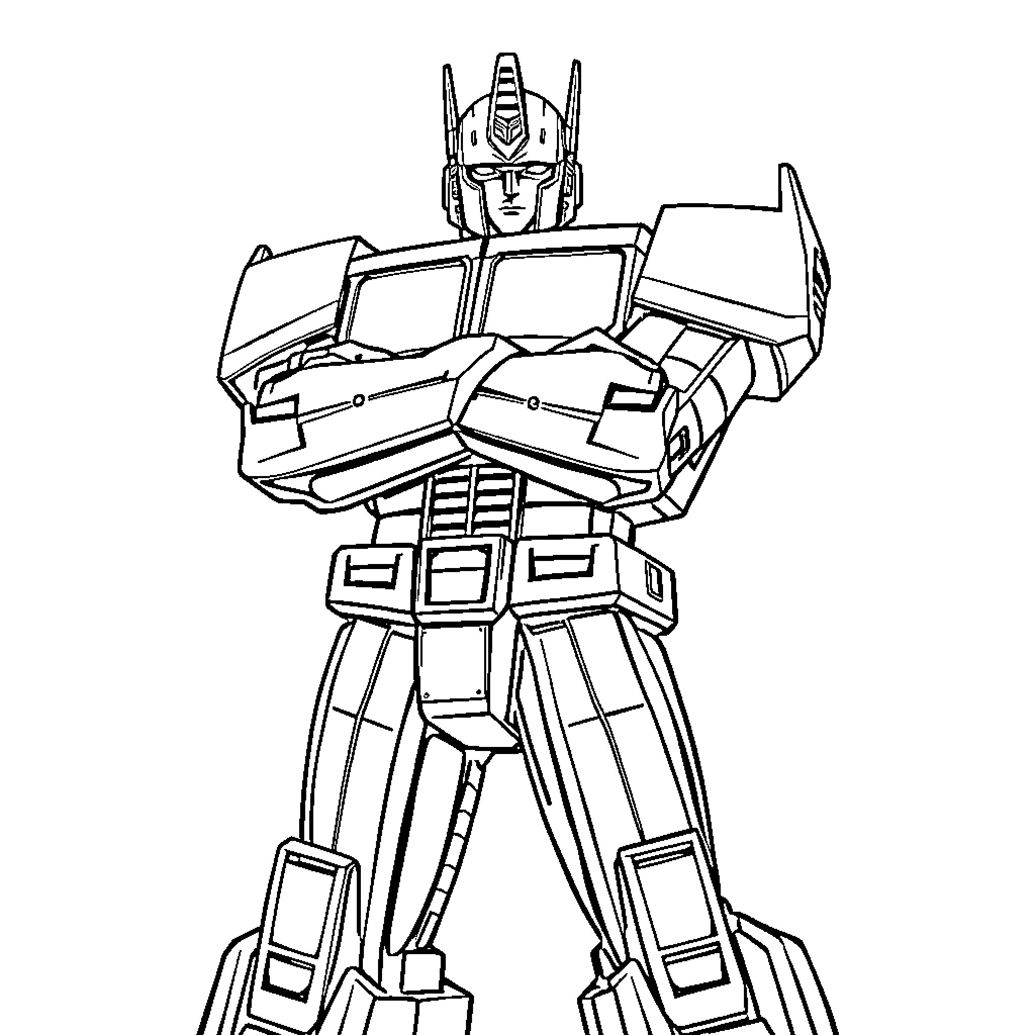 Optimus Prime transforming robot in action Coloring Page (free black-and-white line drawing printable PDF for all, from beginners to advanced learners, including children, teens, adults, and seniors)