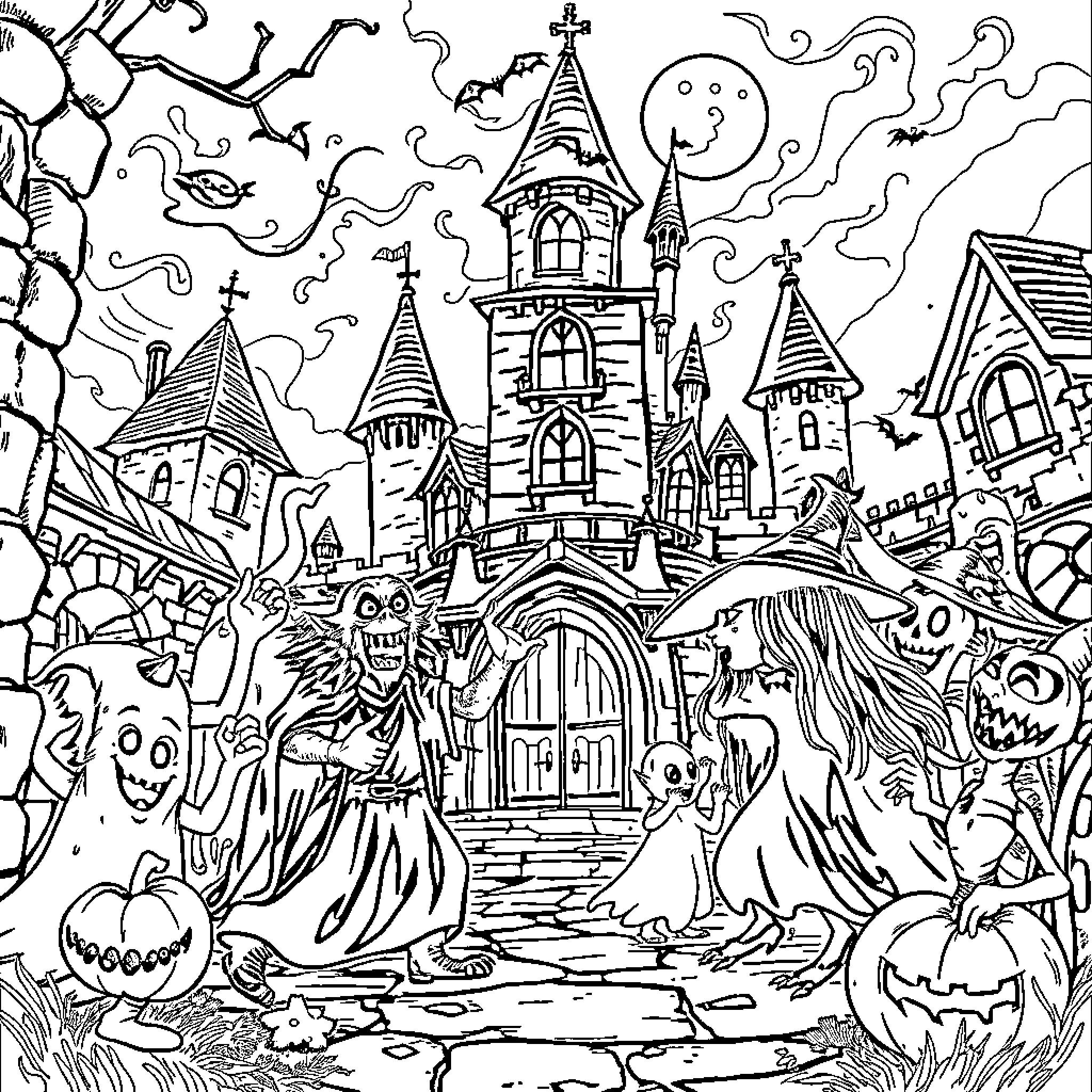 Monster Castle and Spooky Halloween Creatures Coloring Page (free black-and-white line drawing printable PDF for all, from beginners to advanced learners, including children, teens, adults, and seniors)