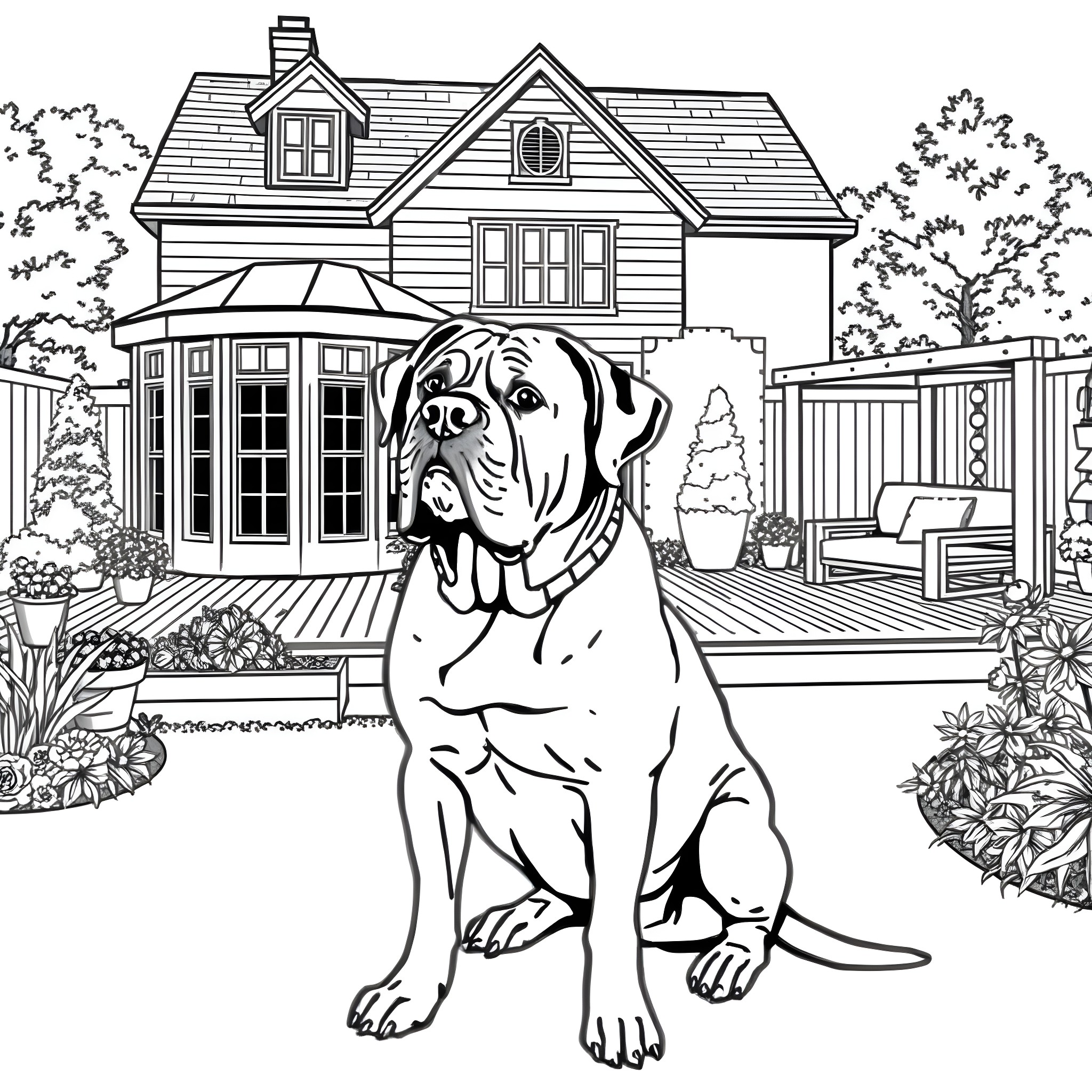 Mastiff guarding the cozy country house Coloring Page (free black-and-white line drawing printable PDF for all, from beginners to advanced learners, including children, teens, adults, and seniors)