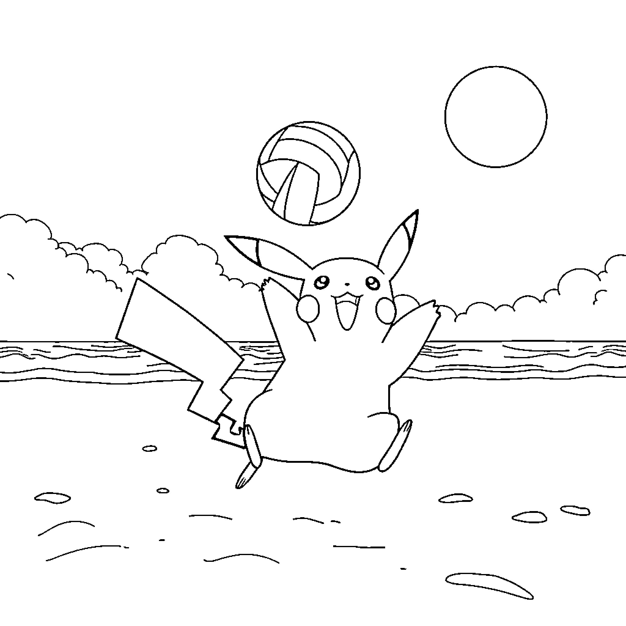 Pikachu playing volleyball on the beach Coloring Page (free black-and-white line drawing printable PDF for all, from beginners to advanced learners, including children, teens, adults, and seniors)