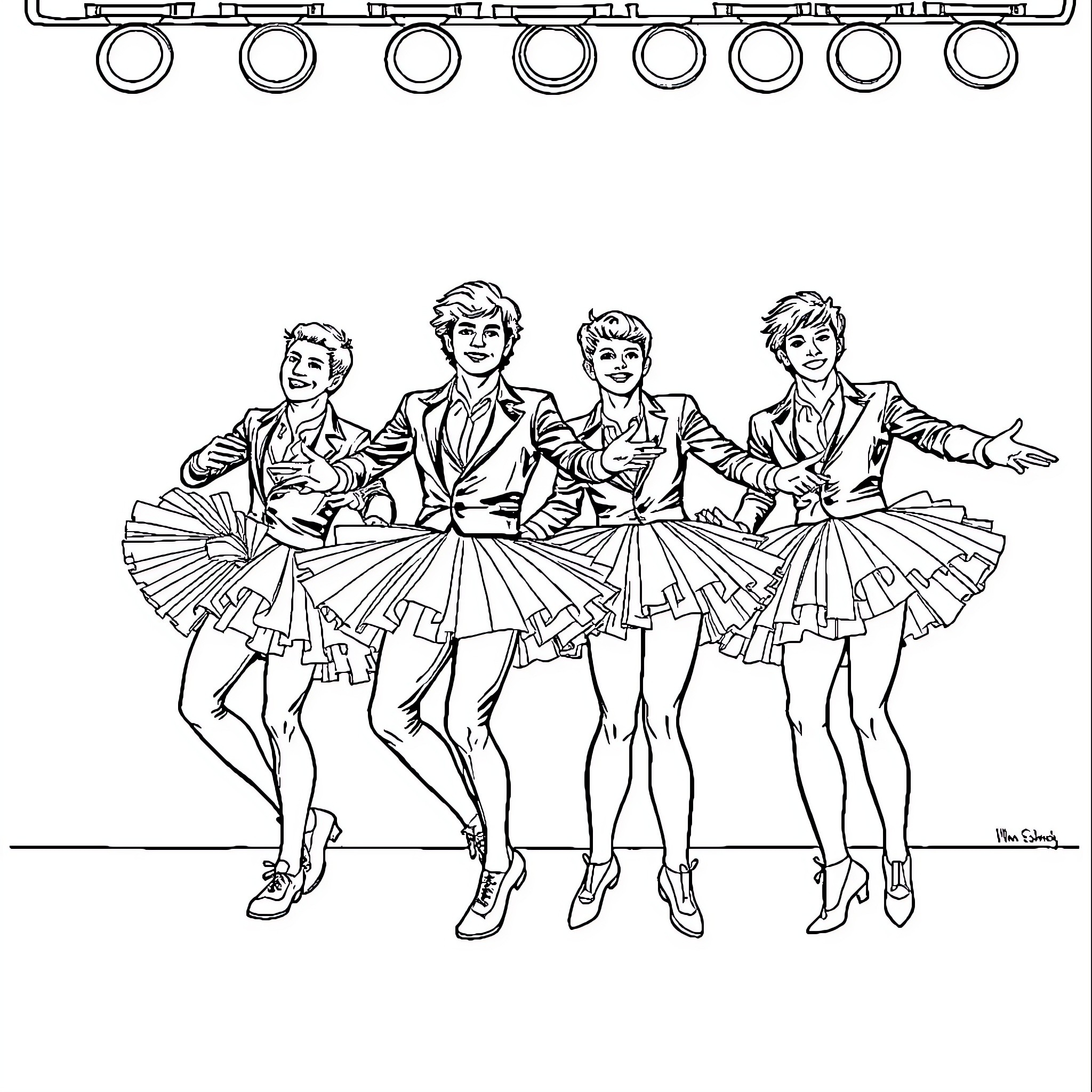 Backstreet Boys in Choreographed Dance Routine Coloring Page (free black-and-white line drawing printable PDF for all, from beginners to advanced learners, including children, teens, adults, and seniors)