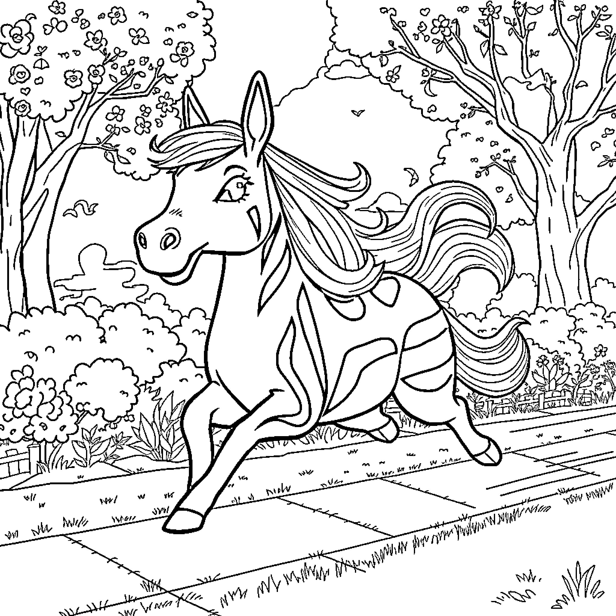Capybara frolicking in a whimsical forest scene Coloring Page (free black-and-white line drawing printable PDF for all, from beginners to advanced learners, including children, teens, adults, and seniors)