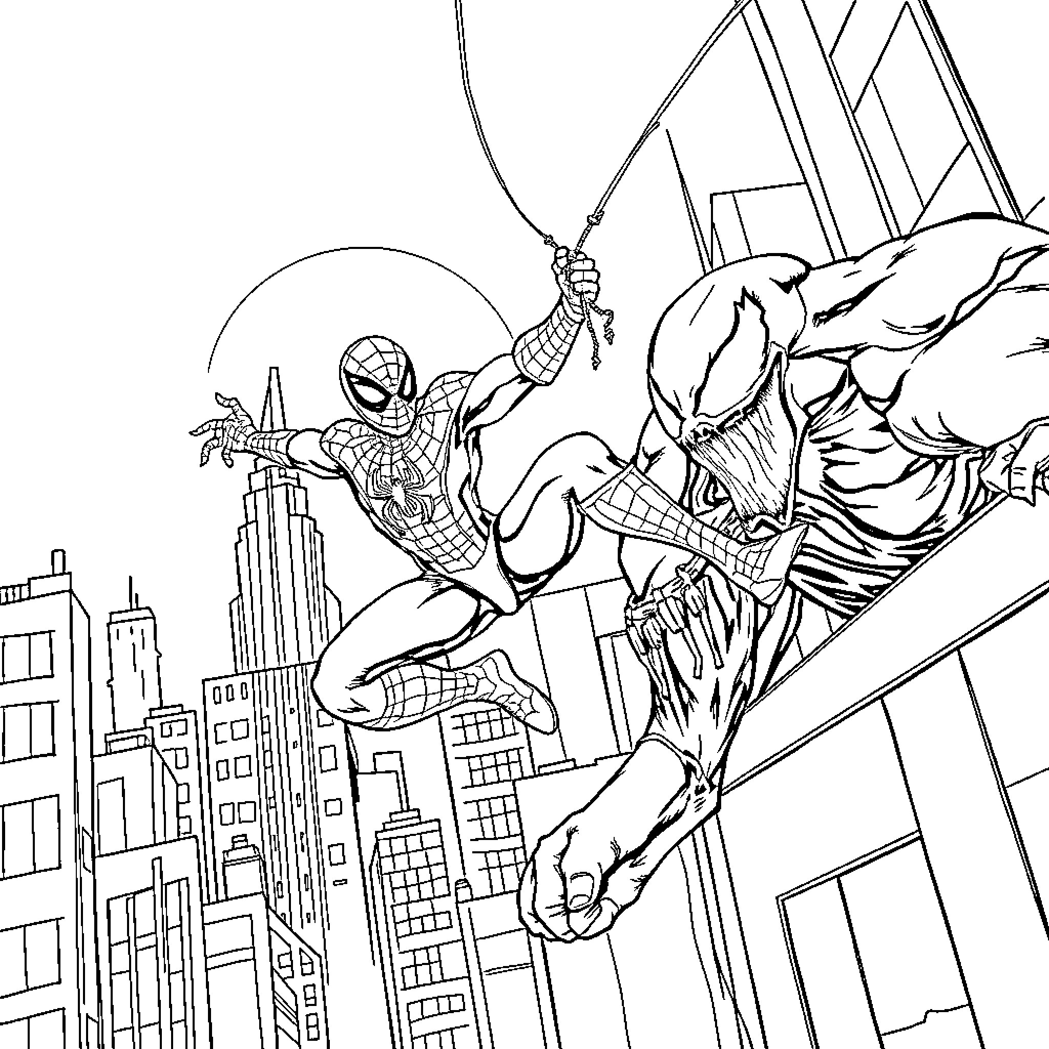 Spiderman swinging through the city skyline Coloring Page (free black-and-white line drawing printable PDF for all, from beginners to advanced learners, including children, teens, adults, and seniors)