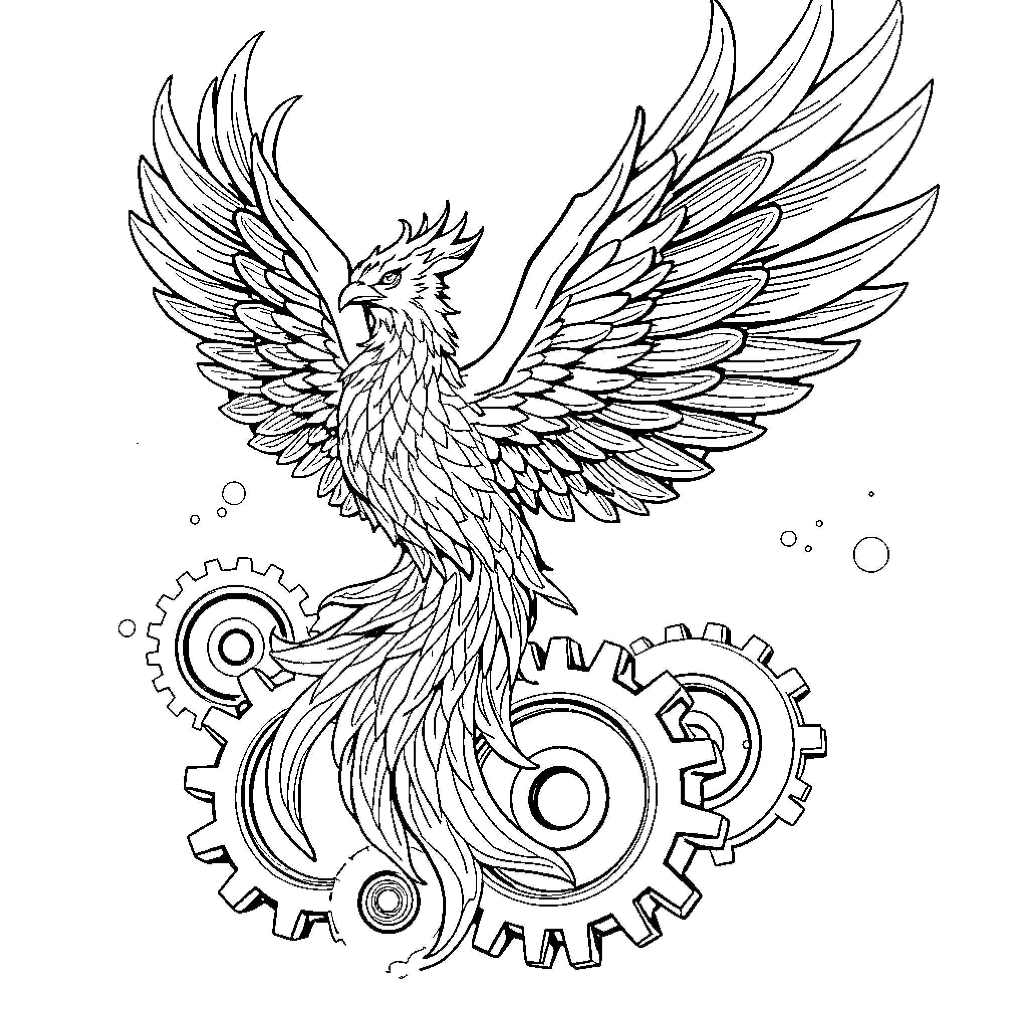 Phoenix Mechanical Bird Spreading Its Wings Coloring Page (free black-and-white line drawing printable PDF for all, from beginners to advanced learners, including children, teens, adults, and seniors)