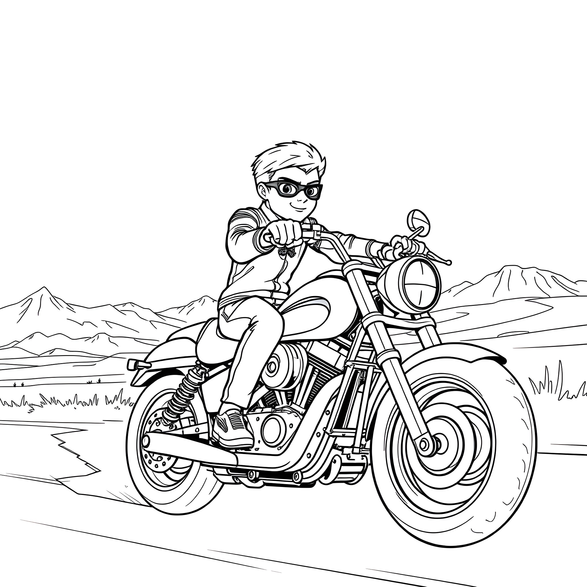 Ben 10 riding a motorcycle through the desert Coloring Page (free black-and-white line drawing printable PDF for all, from beginners to advanced learners, including children, teens, adults, and seniors)
