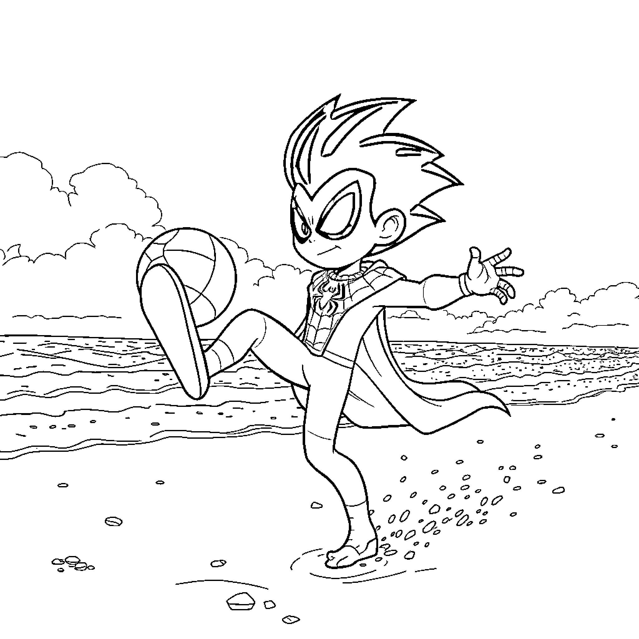 Zonic skateboarding on the beach Coloring Page (free black-and-white line drawing printable PDF for all, from beginners to advanced learners, including children, teens, adults, and seniors)