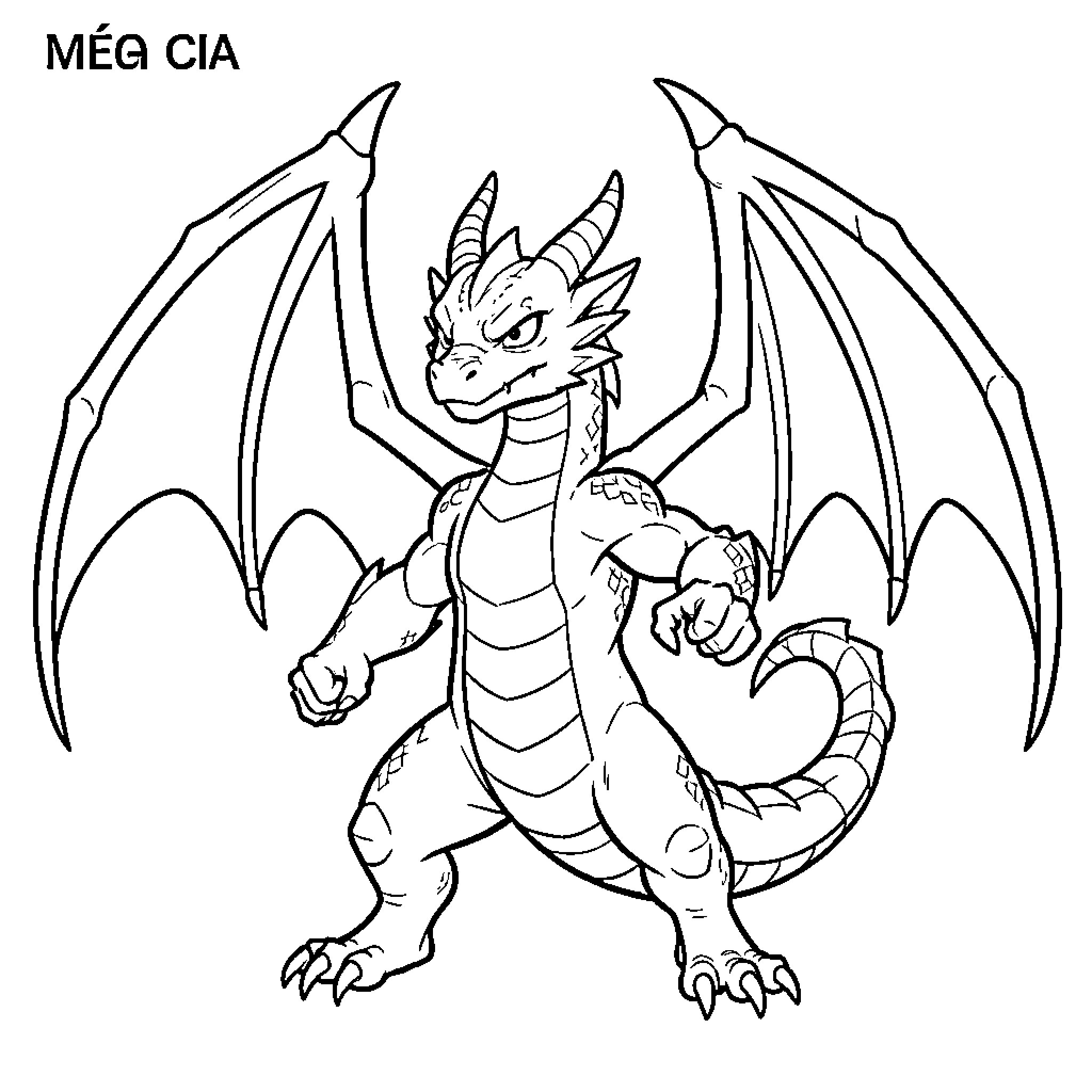 Méga Draco standing heroically with spread wings Coloring Page (free black-and-white line drawing printable PDF for all, from beginners to advanced learners, including children, teens, adults, and seniors)