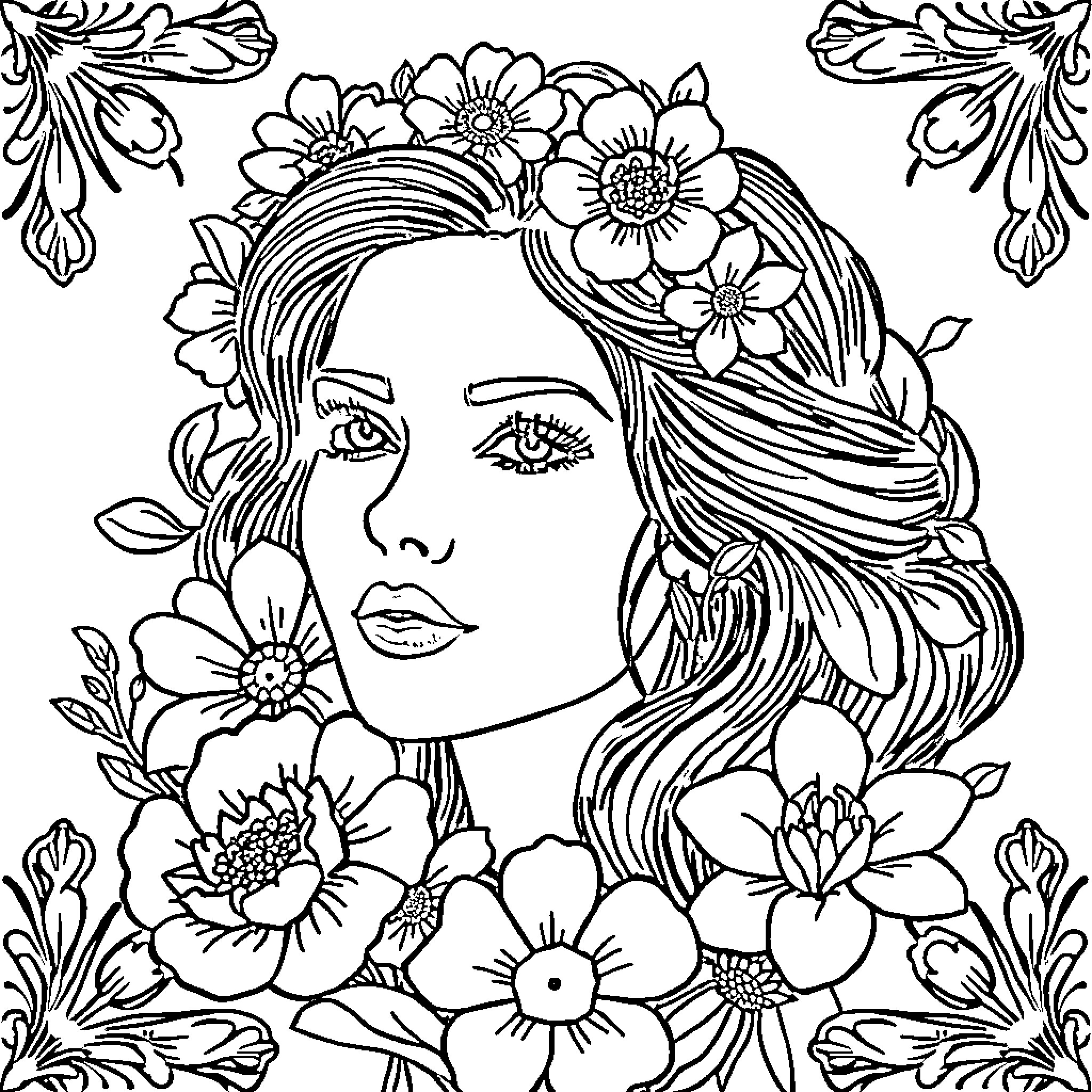 Woman with floral crown and flowers in hair Coloring Page (free black-and-white line drawing printable PDF for all, from beginners to advanced learners, including children, teens, adults, and seniors)