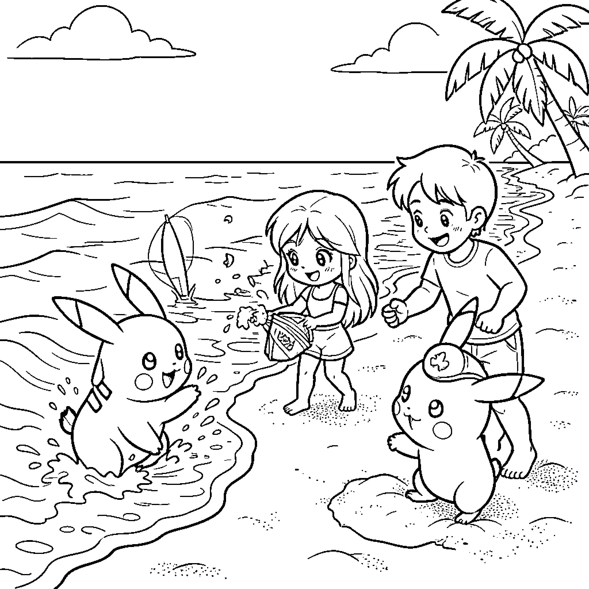 Pikachu playing in waves with children at the beach Coloring Page (free black-and-white line drawing printable PDF for all, from beginners to advanced learners, including children, teens, adults, and seniors)