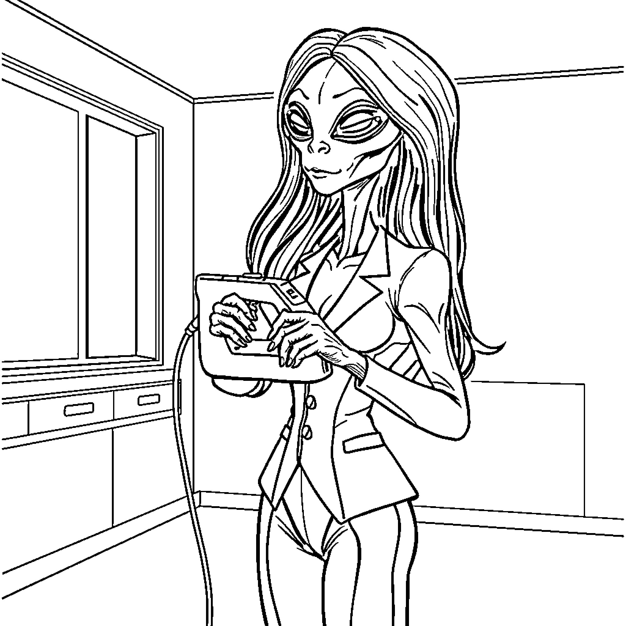 Alien woman working on a device in an office setting Coloring Page (free black-and-white line drawing printable PDF for all, from beginners to advanced learners, including children, teens, adults, and seniors)