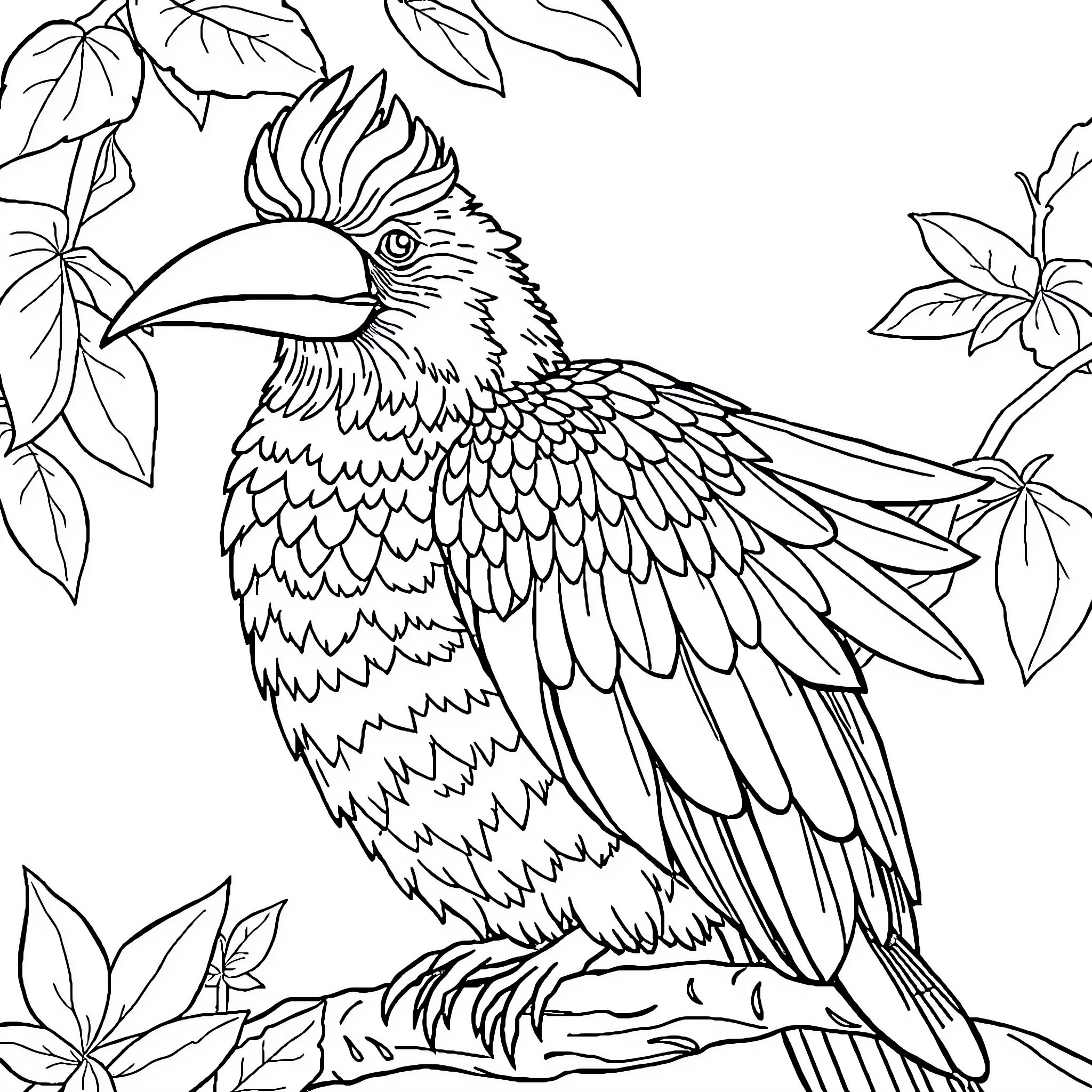 Animal bird perched on branch with leaves Coloring Page (free black-and-white line drawing printable PDF for all, from beginners to advanced learners, including children, teens, adults, and seniors)