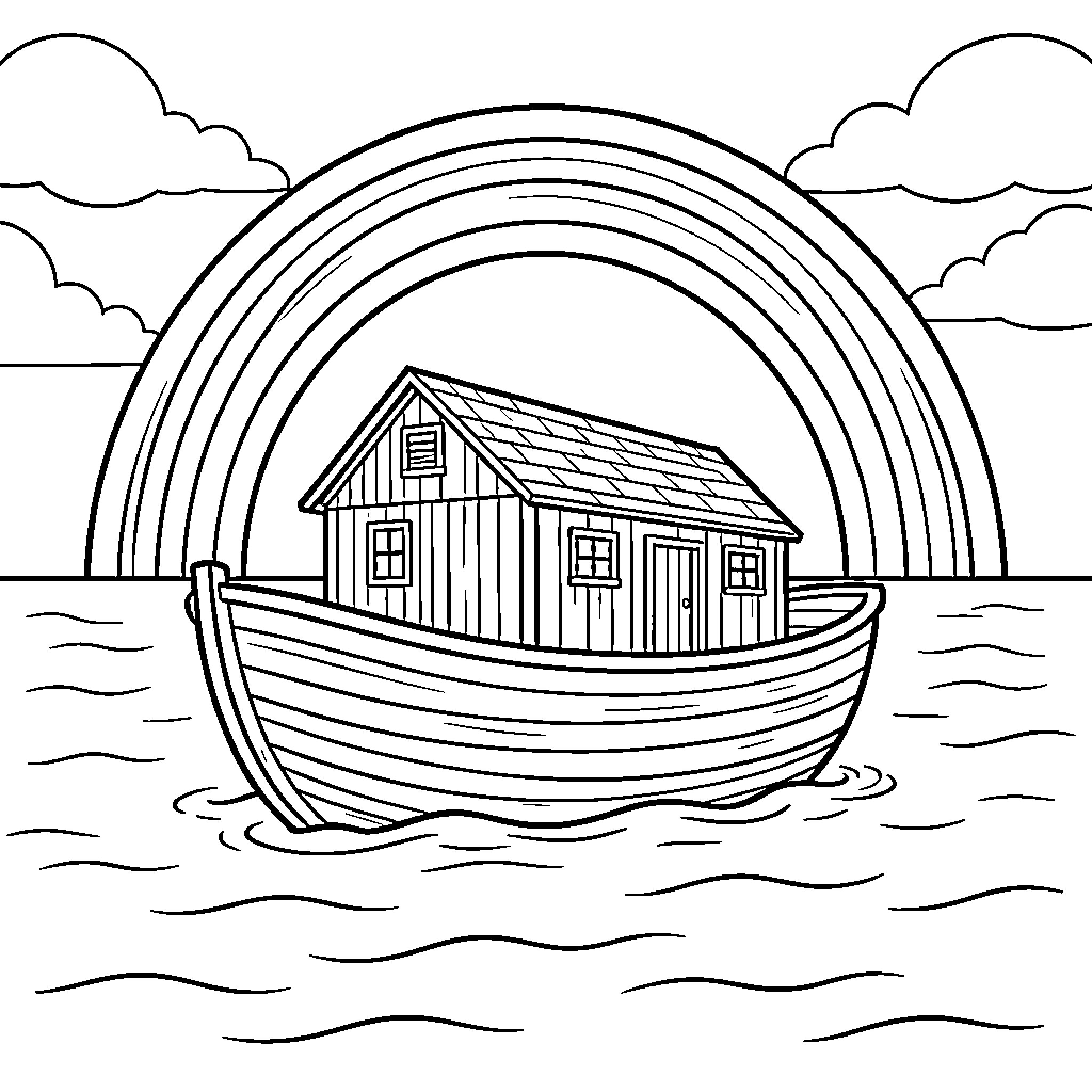Noah's Ark floating under a large rainbow Coloring Page (free black-and-white line drawing printable PDF for all, from beginners to advanced learners, including children, teens, adults, and seniors)