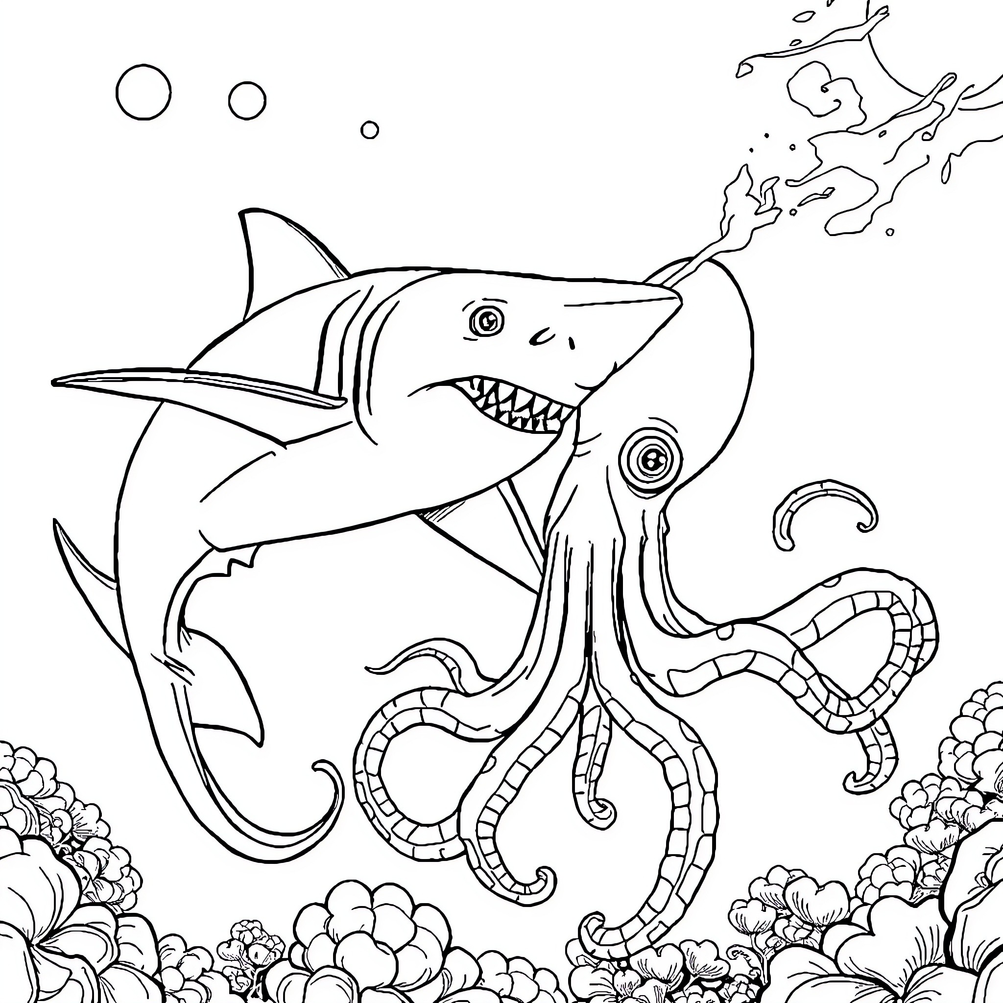 Shark attacking octopus in the ocean Coloring Page (free black-and-white line drawing printable PDF for all, from beginners to advanced learners, including children, teens, adults, and seniors)
