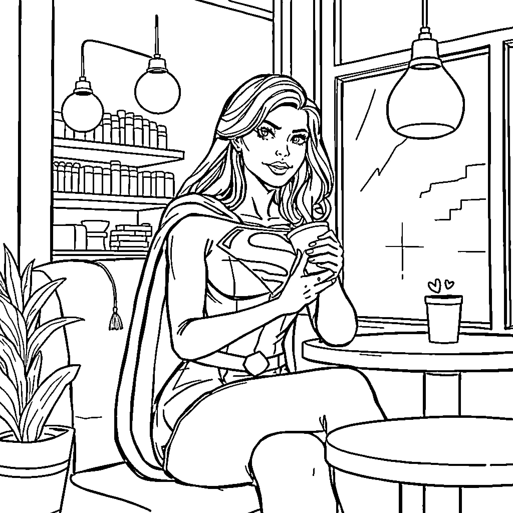 Supergirl relaxing and enjoying a cozy reading moment Coloring Page (free black-and-white line drawing printable PDF for all, from beginners to advanced learners, including children, teens, adults, and seniors)