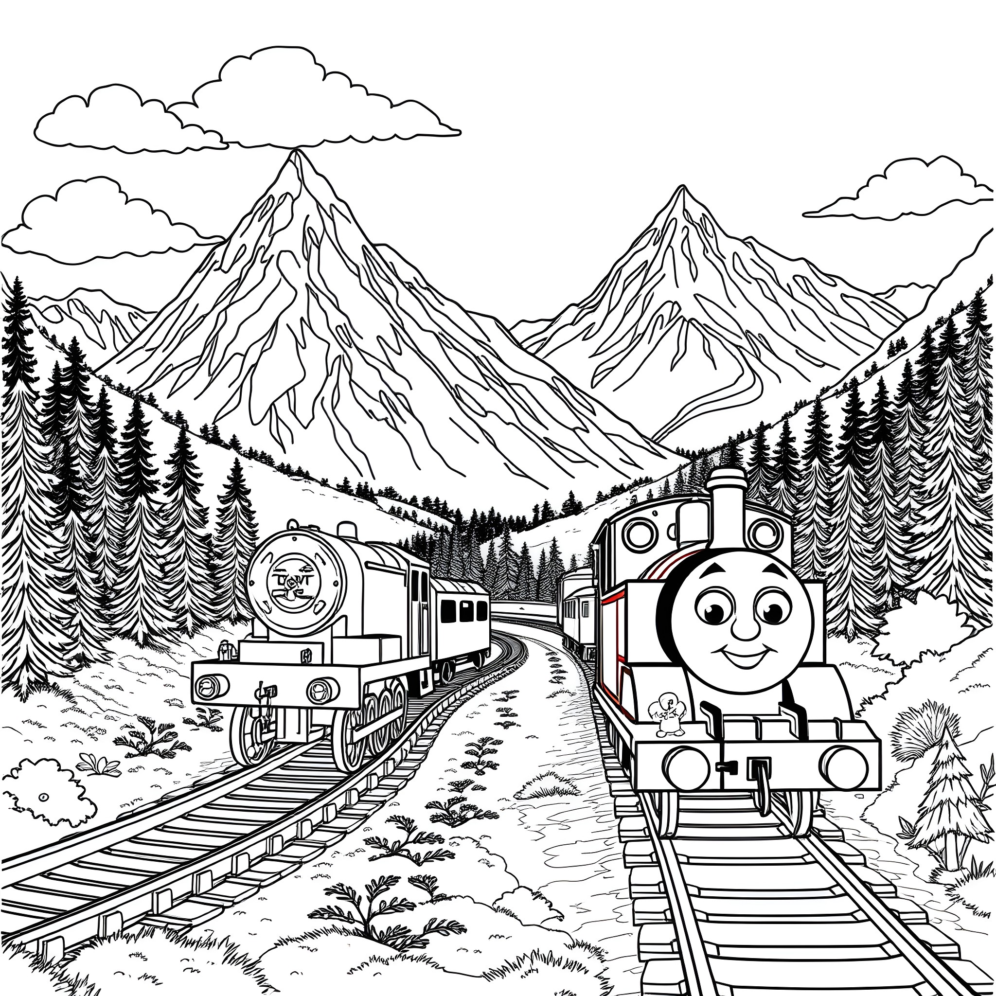 Train adventure through snowy mountain landscape Coloring Page (free black-and-white line drawing printable PDF for all, from beginners to advanced learners, including children, teens, adults, and seniors)