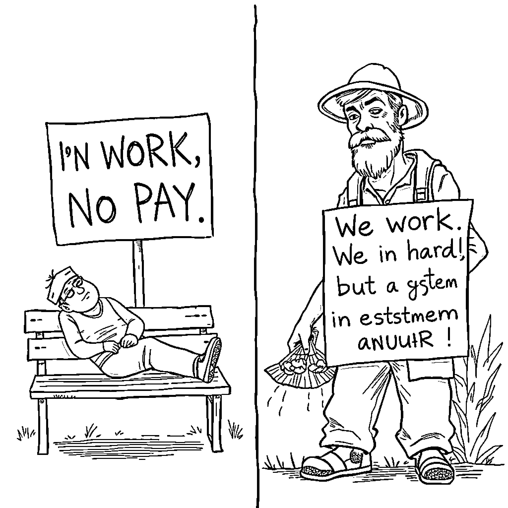 Person protesting working conditions with signs Coloring Page (free black-and-white line drawing printable PDF for all, from beginners to advanced learners, including children, teens, adults, and seniors)