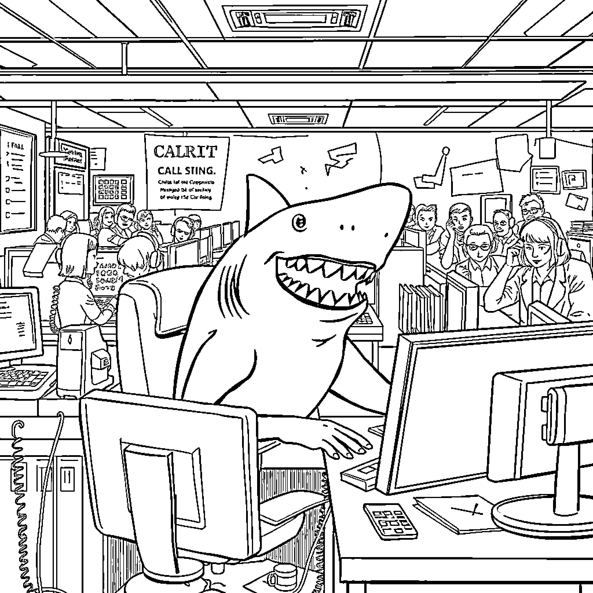 Shark causing chaos in an office setting Coloring Page (free black-and-white line drawing printable PDF for all, from beginners to advanced learners, including children, teens, adults, and seniors)