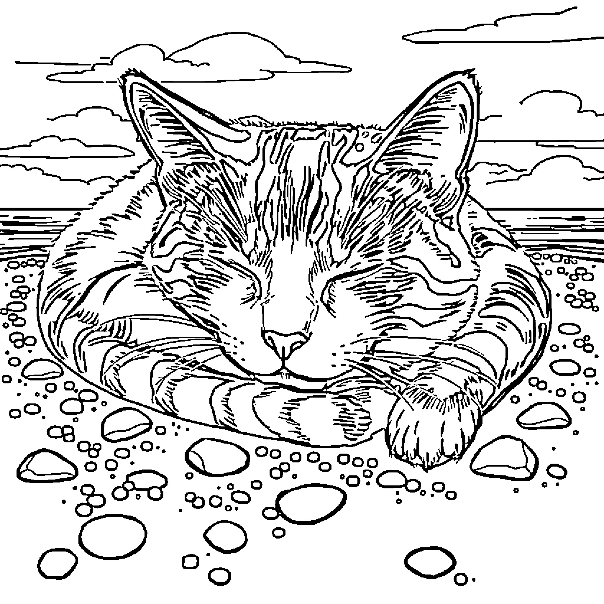 Cat sleeping peacefully by the shore Coloring Page (free black-and-white line drawing printable PDF for all, from beginners to advanced learners, including children, teens, adults, and seniors)
