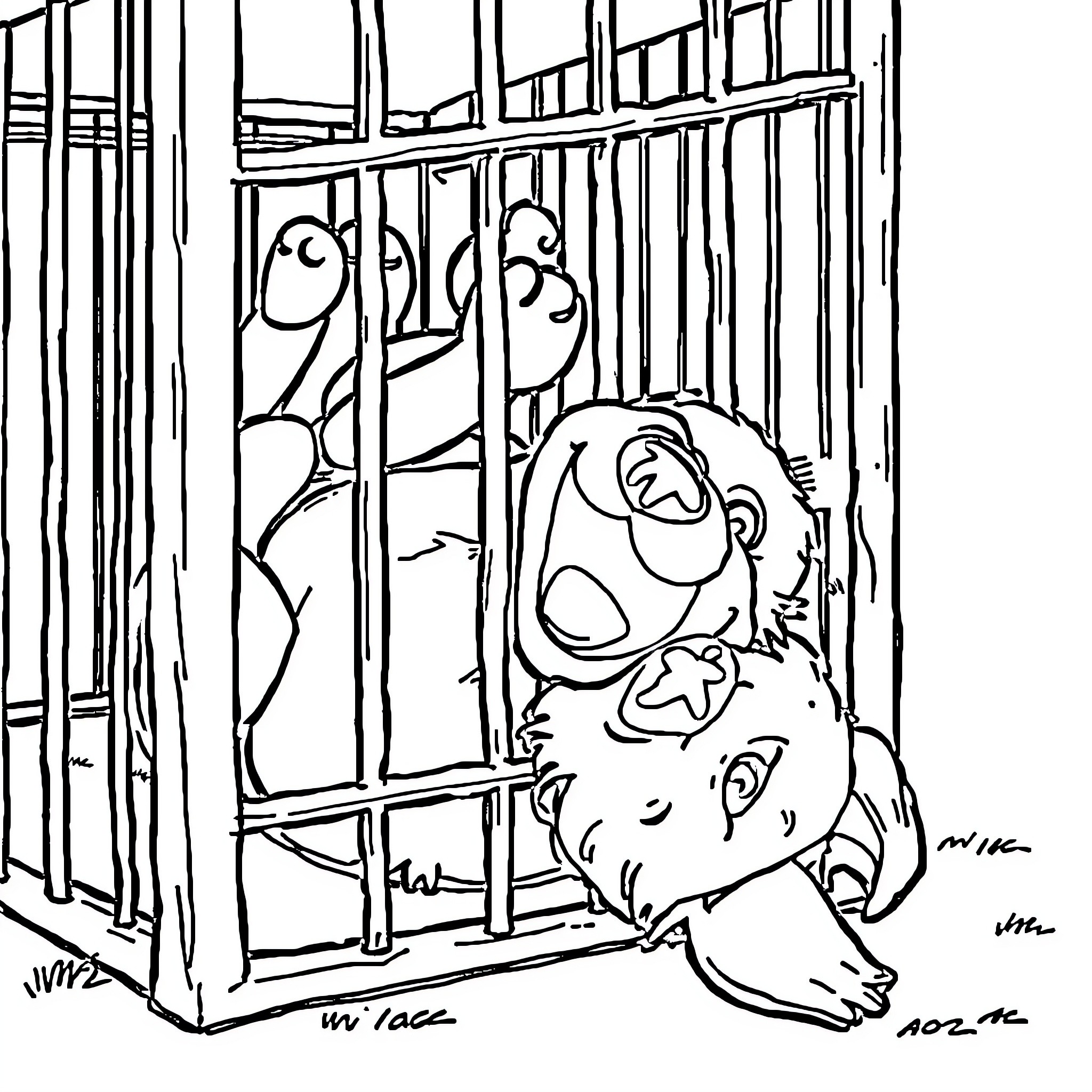 Dog imprisoned behind bars looking sad Coloring Page (free black-and-white line drawing printable PDF for all, from beginners to advanced learners, including children, teens, adults, and seniors)