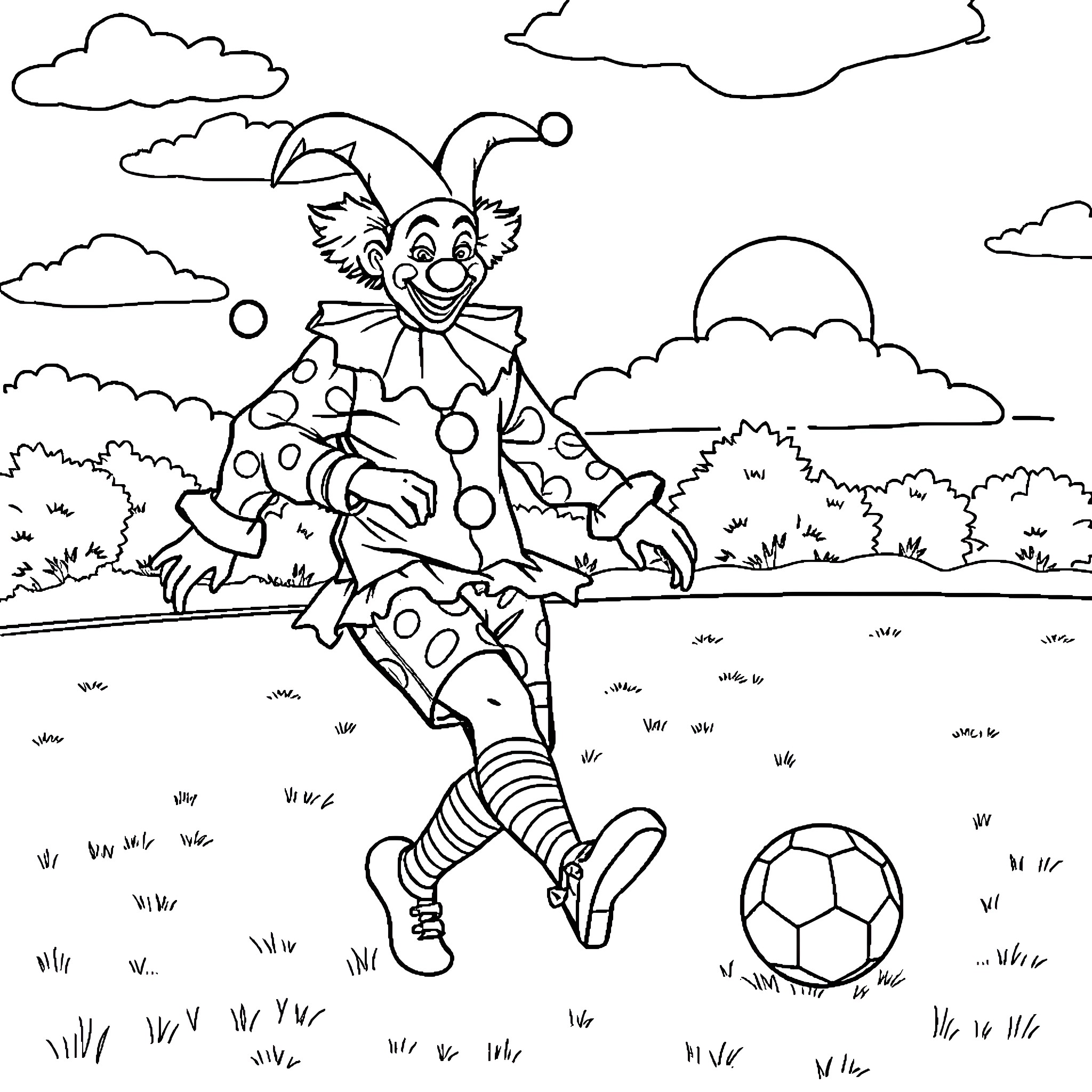 Clown playing with soccer ball in a scenic field Coloring Page (free black-and-white line drawing printable PDF for all, from beginners to advanced learners, including children, teens, adults, and seniors)