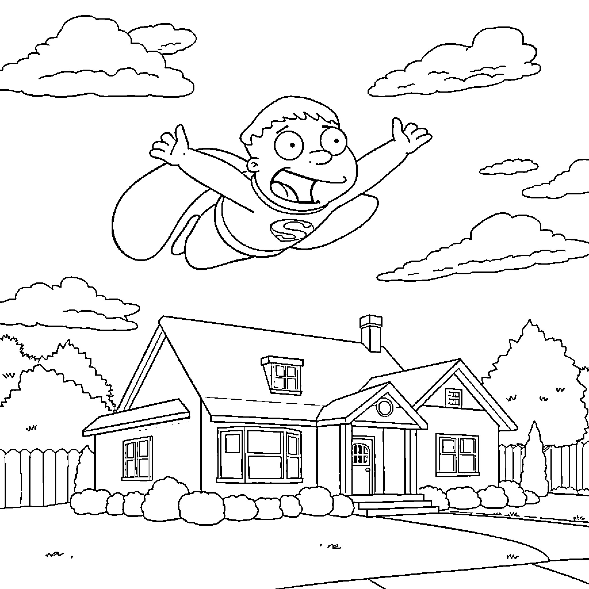 Stewie soaring through the clouds with glee Coloring Page (free black-and-white line drawing printable PDF for all, from beginners to advanced learners, including children, teens, adults, and seniors)