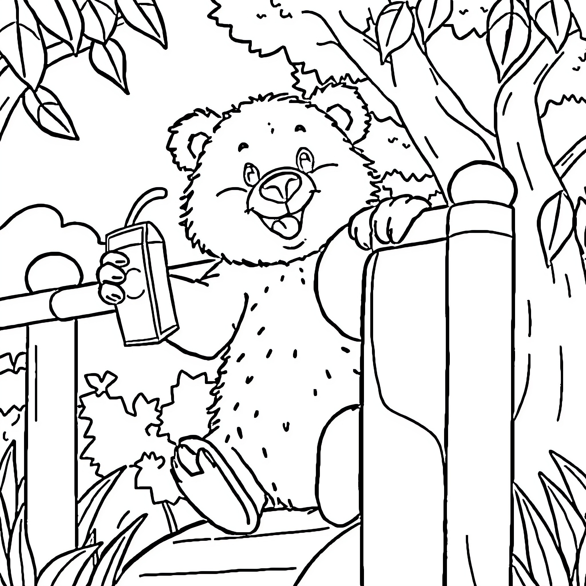 Bear enjoying a refreshing drink in the forest Coloring Page (free black-and-white line drawing printable PDF for all, from beginners to advanced learners, including children, teens, adults, and seniors)