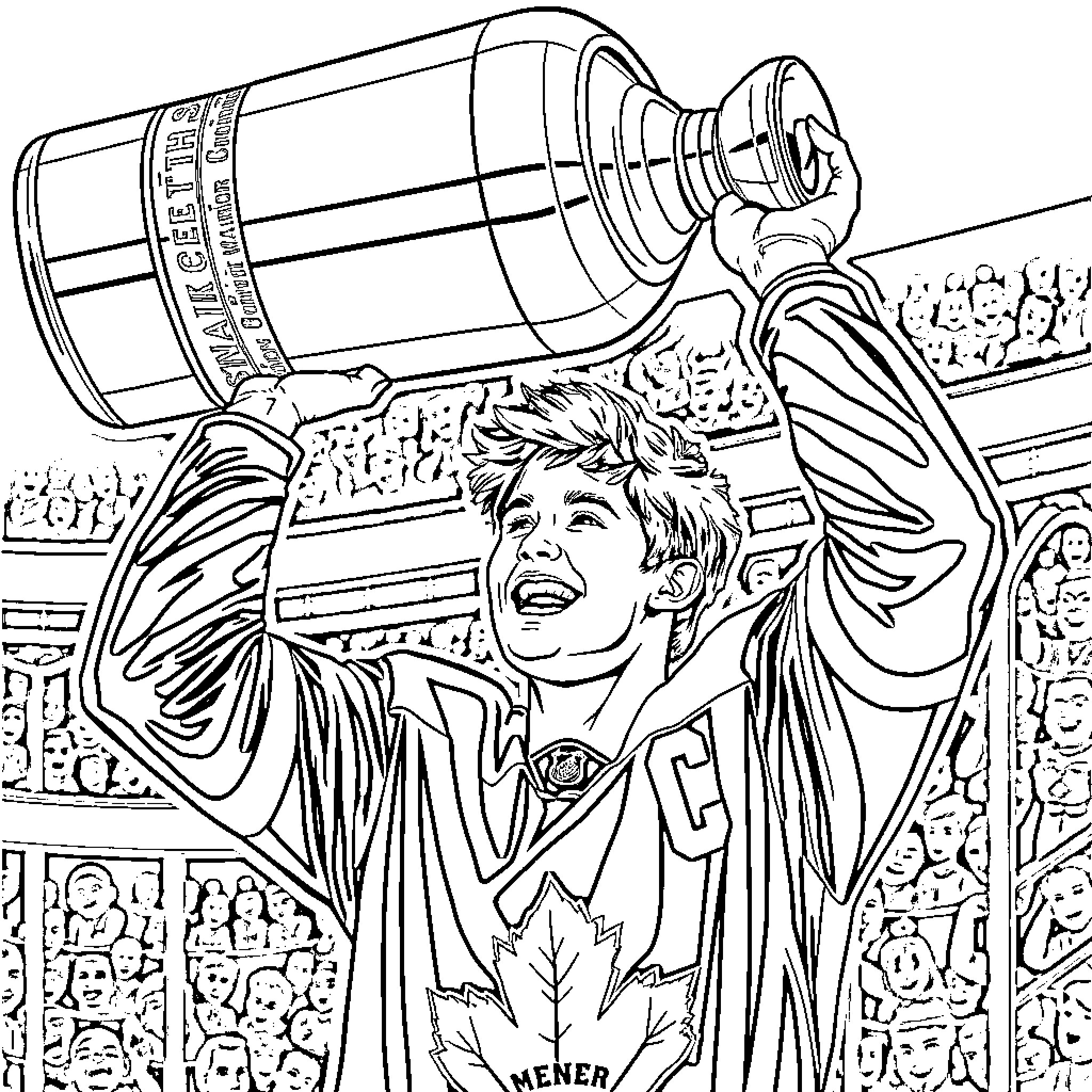 Mitch Marner Celebrating with the Stanley Cup Coloring Page (free black-and-white line drawing printable PDF for all, from beginners to advanced learners, including children, teens, adults, and seniors)