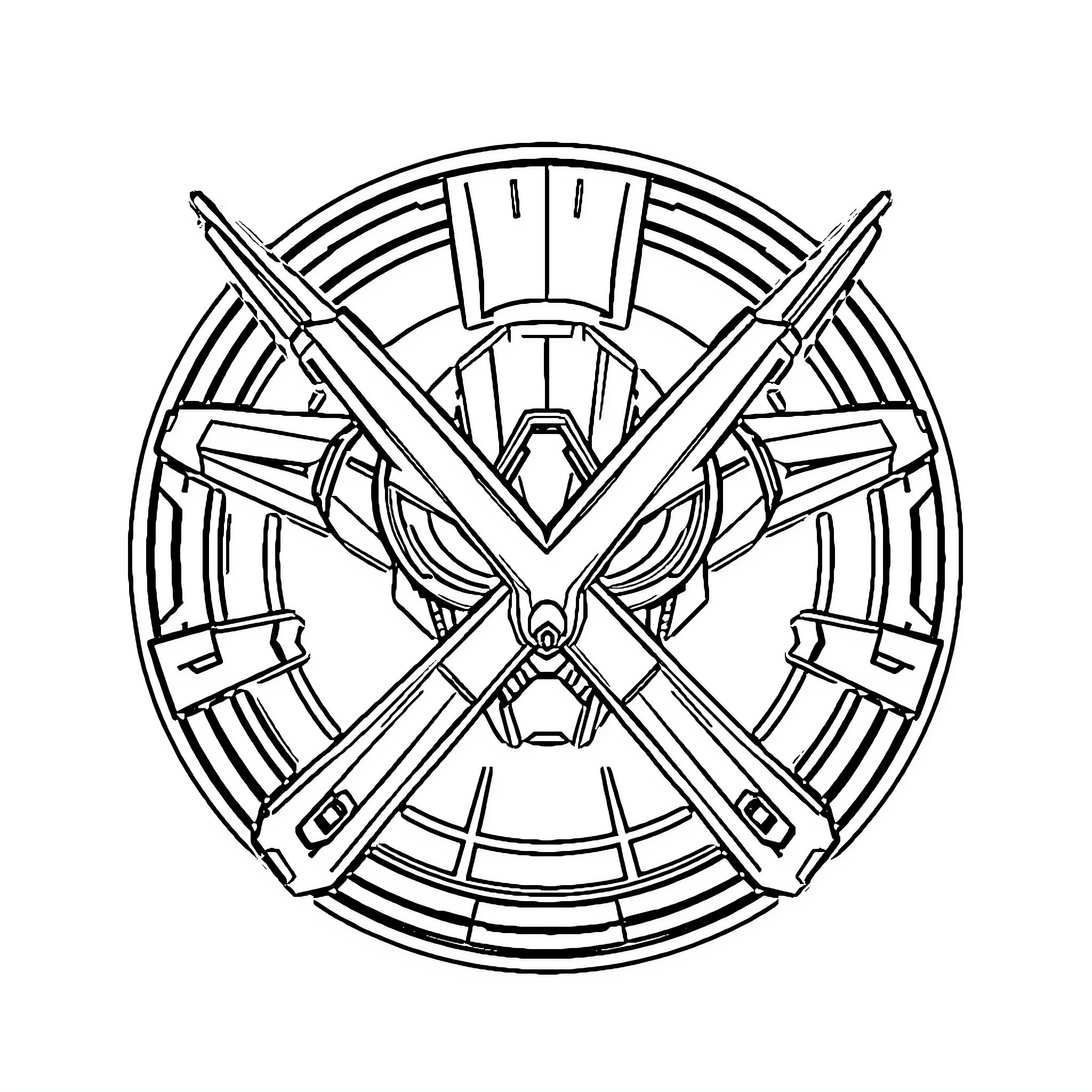 AI Squad X Robotic Weapons and Gear Coloring Page (free black-and-white line drawing printable PDF for all, from beginners to advanced learners, including children, teens, adults, and seniors)