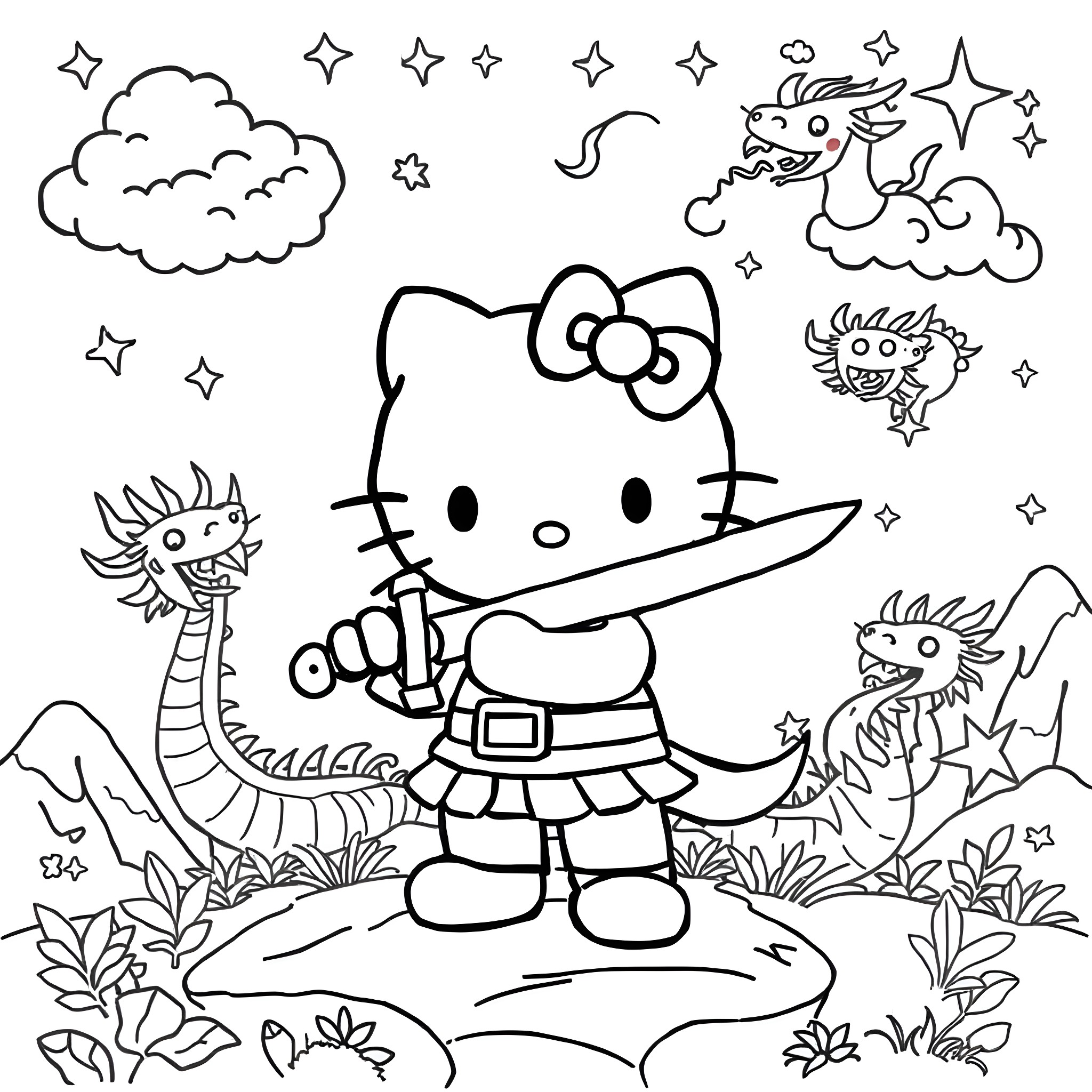 Hello Kitty exploring a magical fantasy world Coloring Page (free black-and-white line drawing printable PDF for all, from beginners to advanced learners, including children, teens, adults, and seniors)