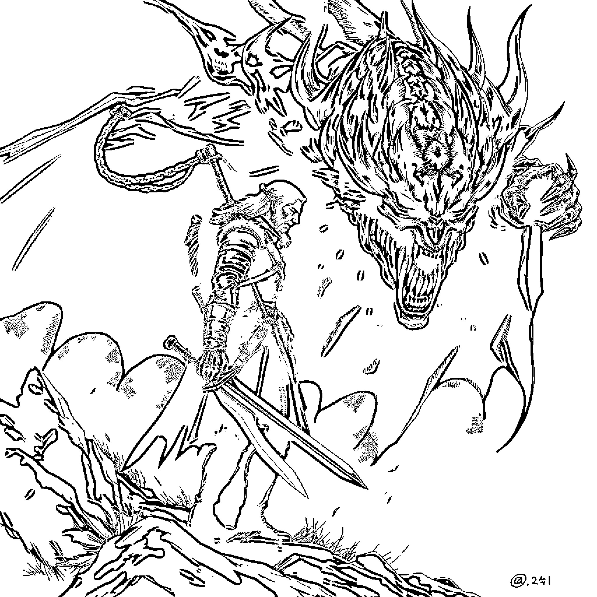 Geralt battling a fearsome dragon in a fiery encounter Coloring Page (free black-and-white line drawing printable PDF for all, from beginners to advanced learners, including children, teens, adults, and seniors)