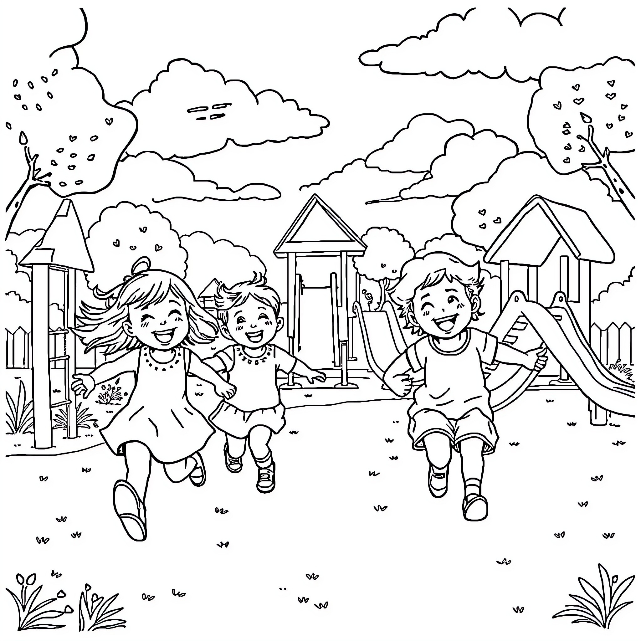 Child playing joyfully on playground equipment Coloring Page (free black-and-white line drawing printable PDF for all, from beginners to advanced learners, including children, teens, adults, and seniors)