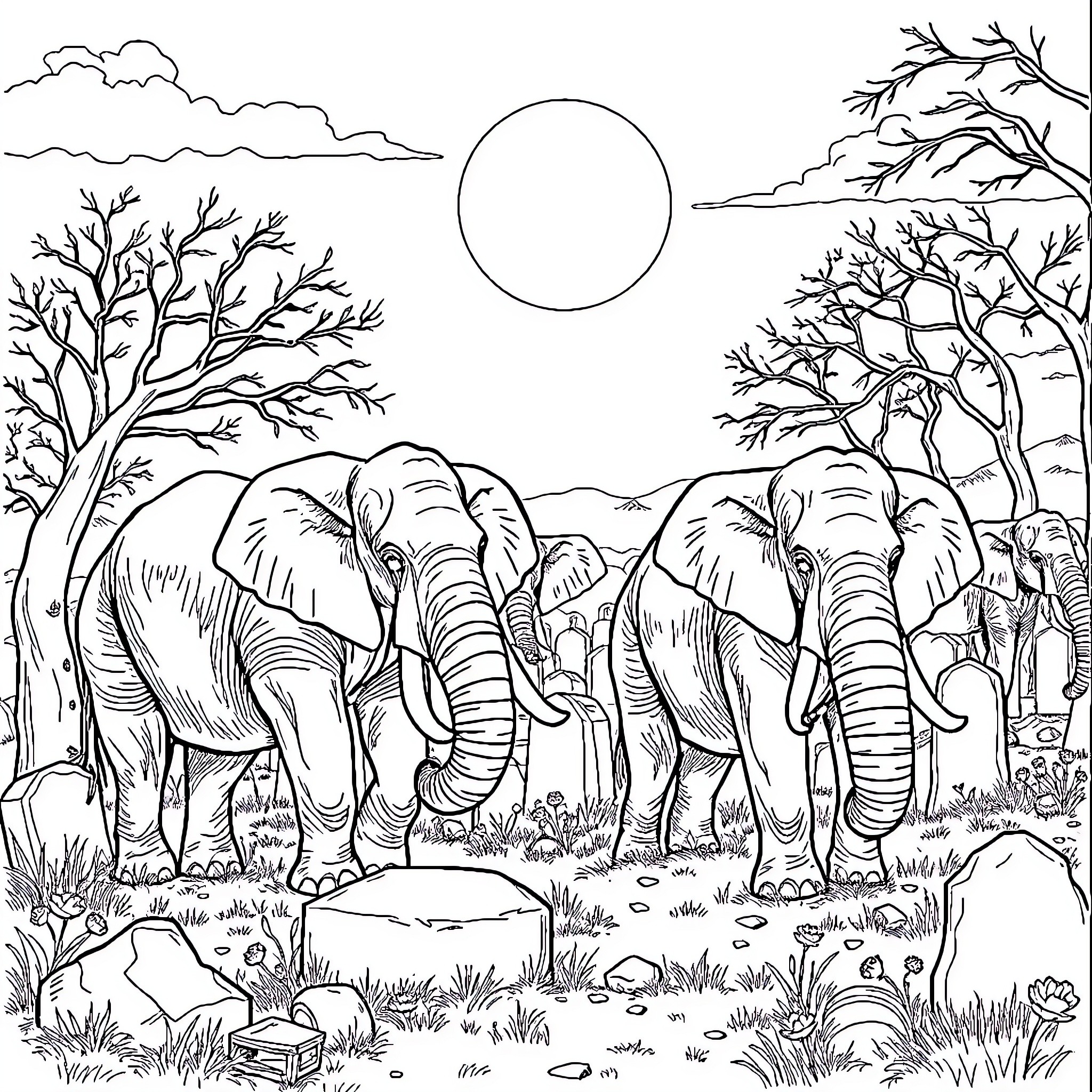 Clock of elephants in the wild Coloring Page (free black-and-white line drawing printable PDF for all, from beginners to advanced learners, including children, teens, adults, and seniors)