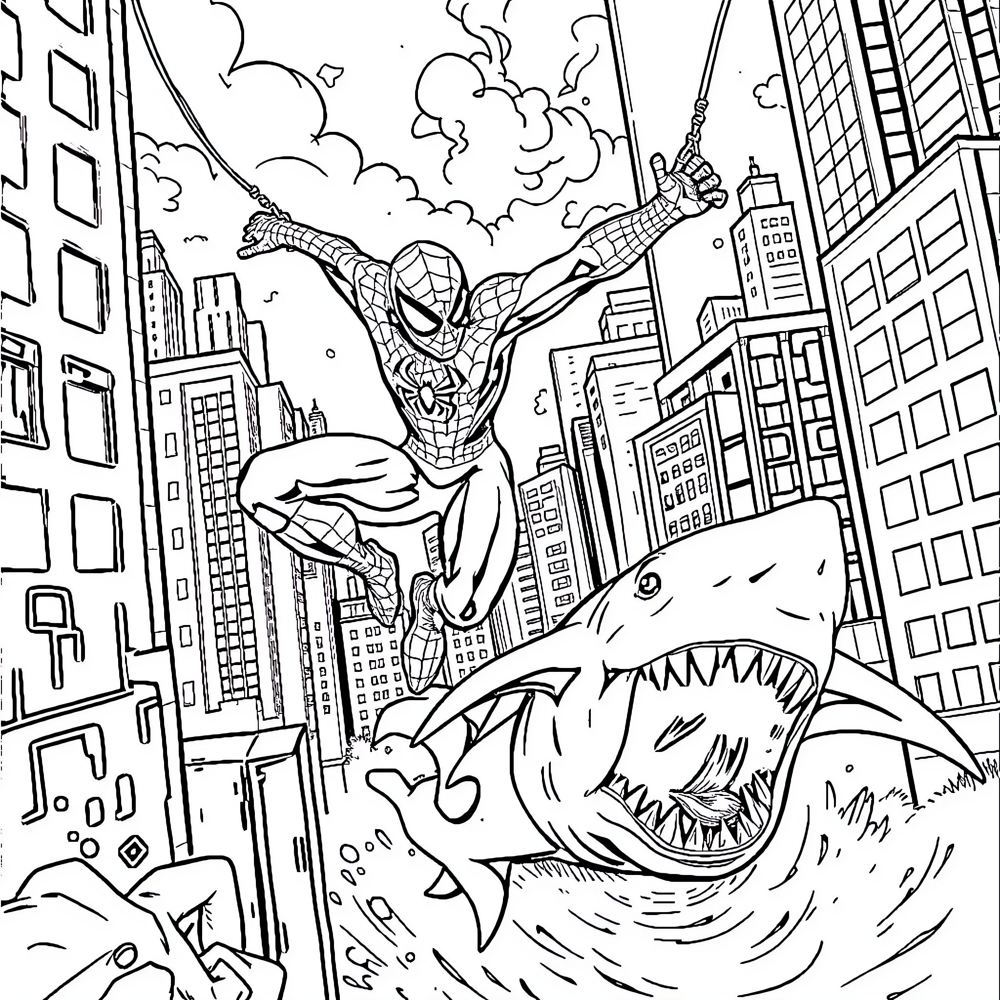 Spiderman battles a giant shark in the city Coloring Page (free black-and-white line drawing printable PDF for all, from beginners to advanced learners, including children, teens, adults, and seniors)