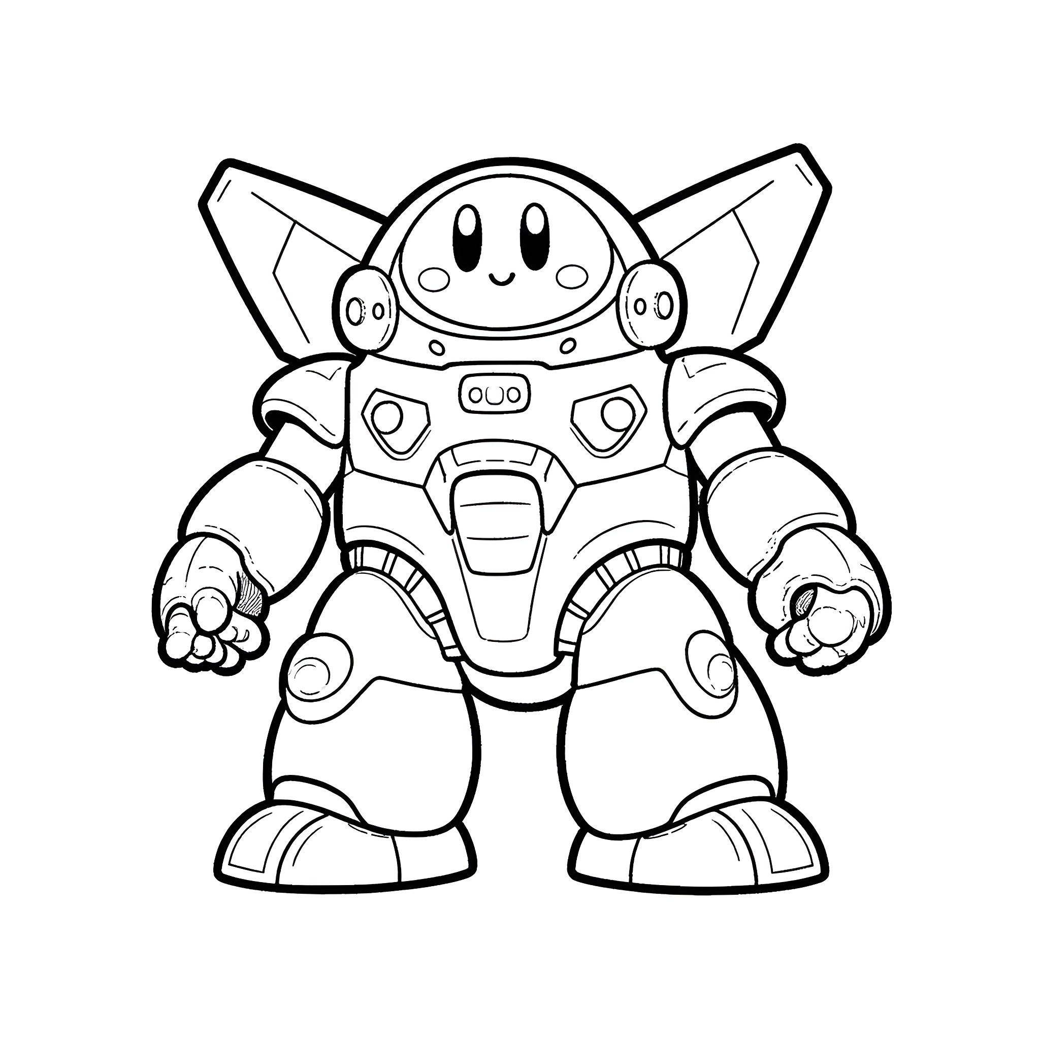 Kirby in a Futuristic Robotic Suit Coloring Page (free black-and-white line drawing printable PDF for all, from beginners to advanced learners, including children, teens, adults, and seniors)