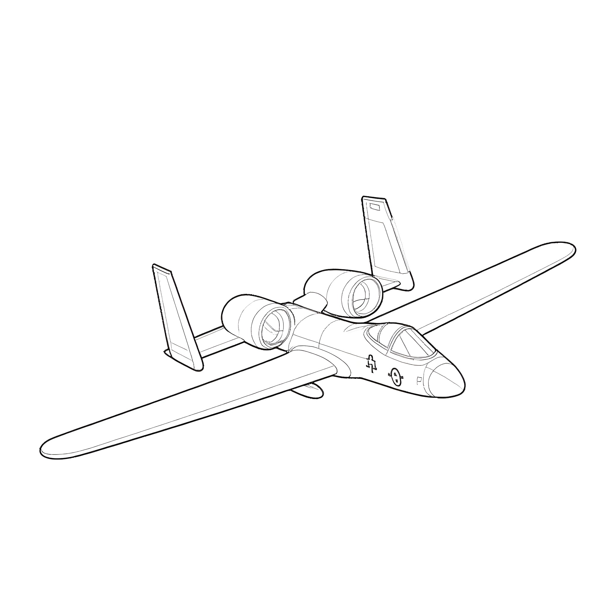 A-10 jet fighter in flight Coloring Page (free black-and-white line drawing printable PDF for all, from beginners to advanced learners, including children, teens, adults, and seniors)