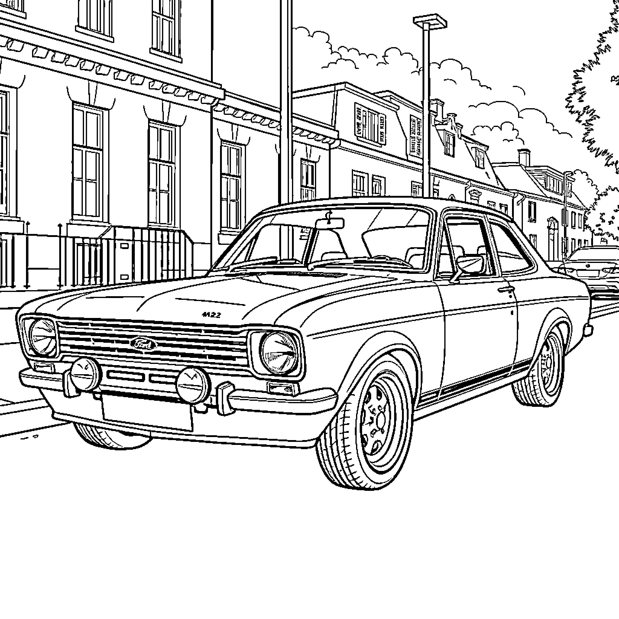 Ford Escort vintage car parked on city street Coloring Page (free black-and-white line drawing printable PDF for all, from beginners to advanced learners, including children, teens, adults, and seniors)