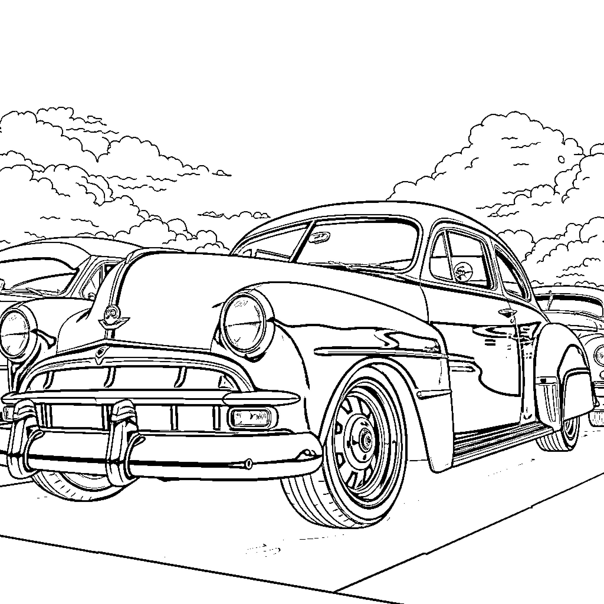 Cars cruising down the road on a sunny day Coloring Page (free black-and-white line drawing printable PDF for all, from beginners to advanced learners, including children, teens, adults, and seniors)