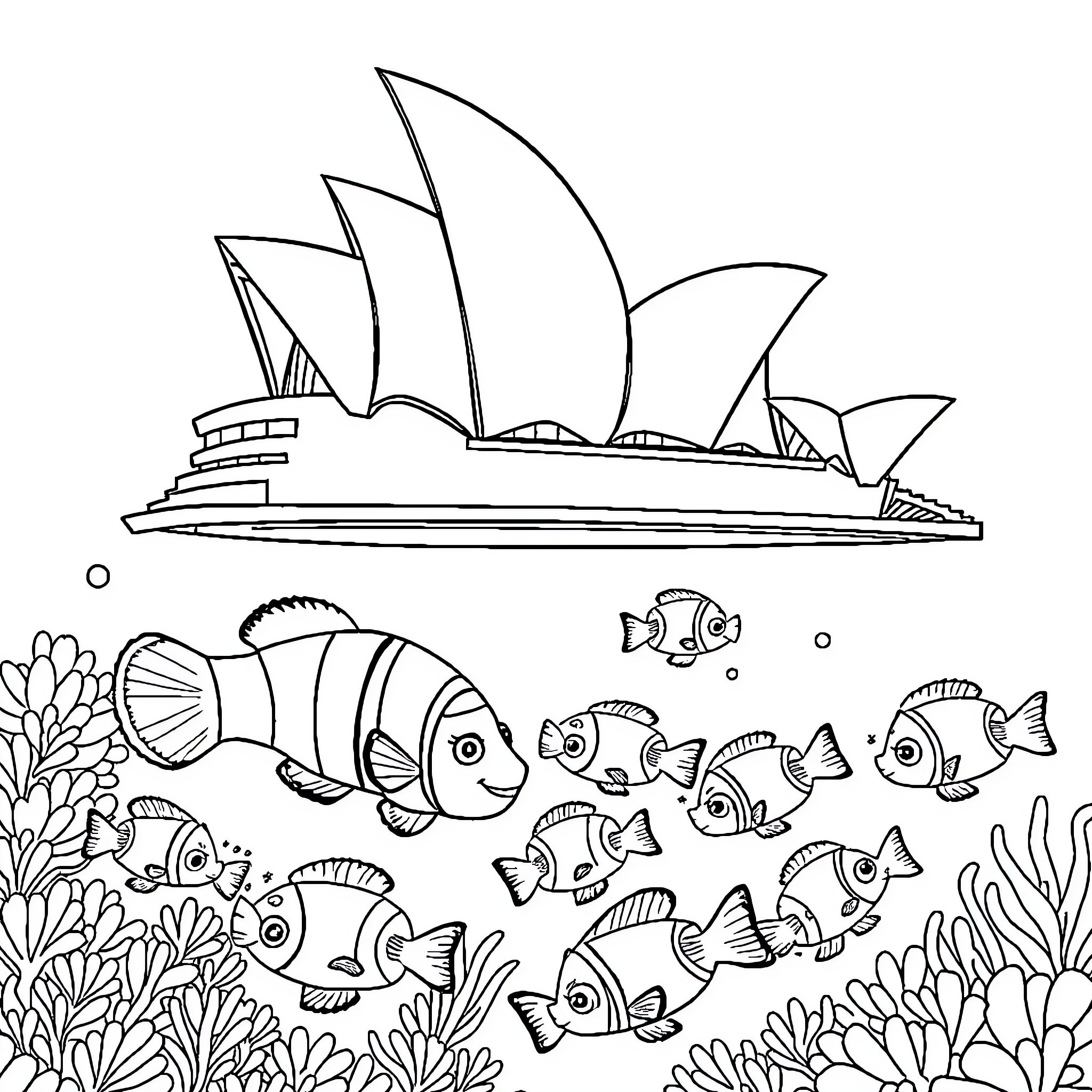 Nemo's Underwater Adventure with the Sydney Opera House Coloring Page (free black-and-white line drawing printable PDF for all, from beginners to advanced learners, including children, teens, adults, and seniors)