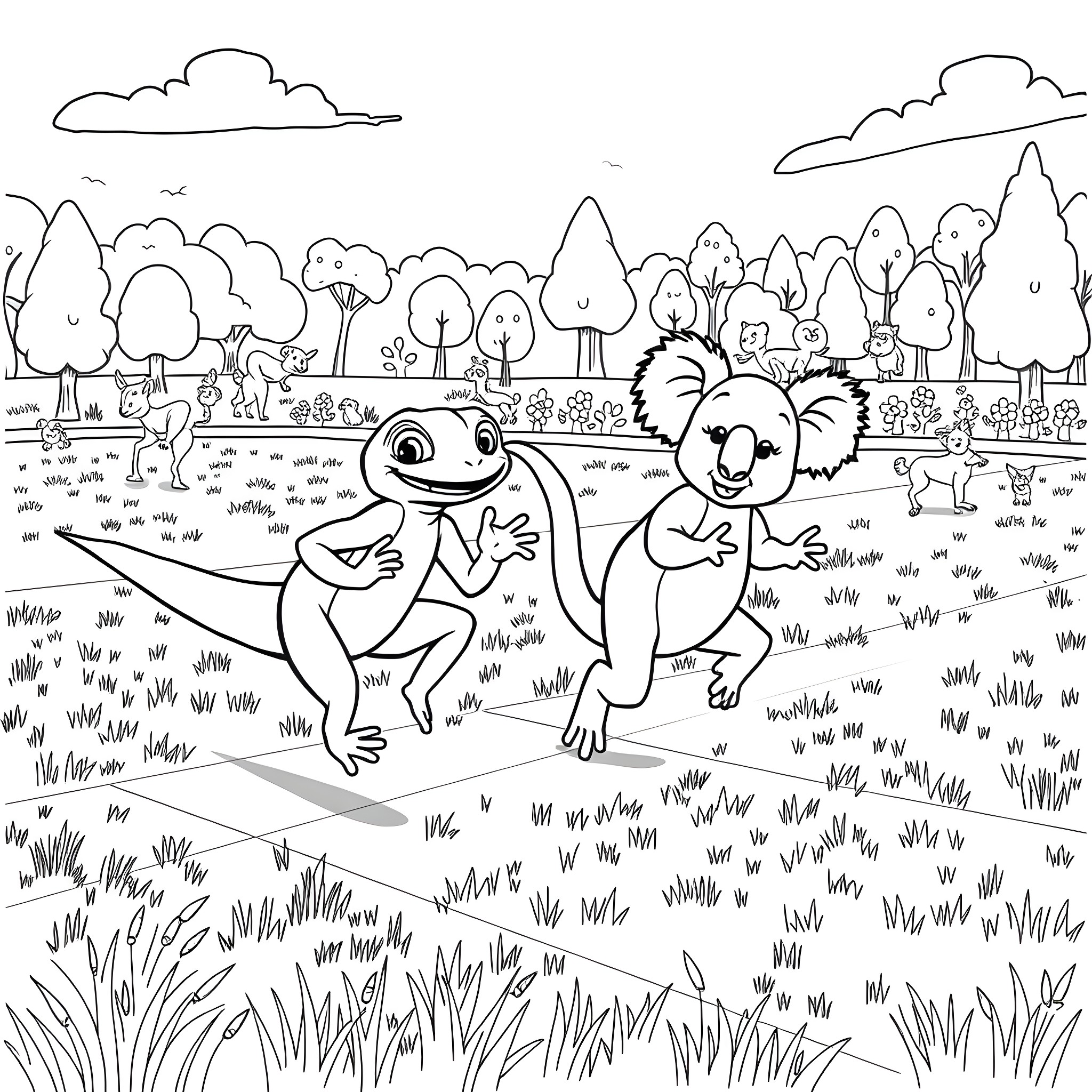Gecko friends exploring the vibrant forest Coloring Page (free black-and-white line drawing printable PDF for all, from beginners to advanced learners, including children, teens, adults, and seniors)