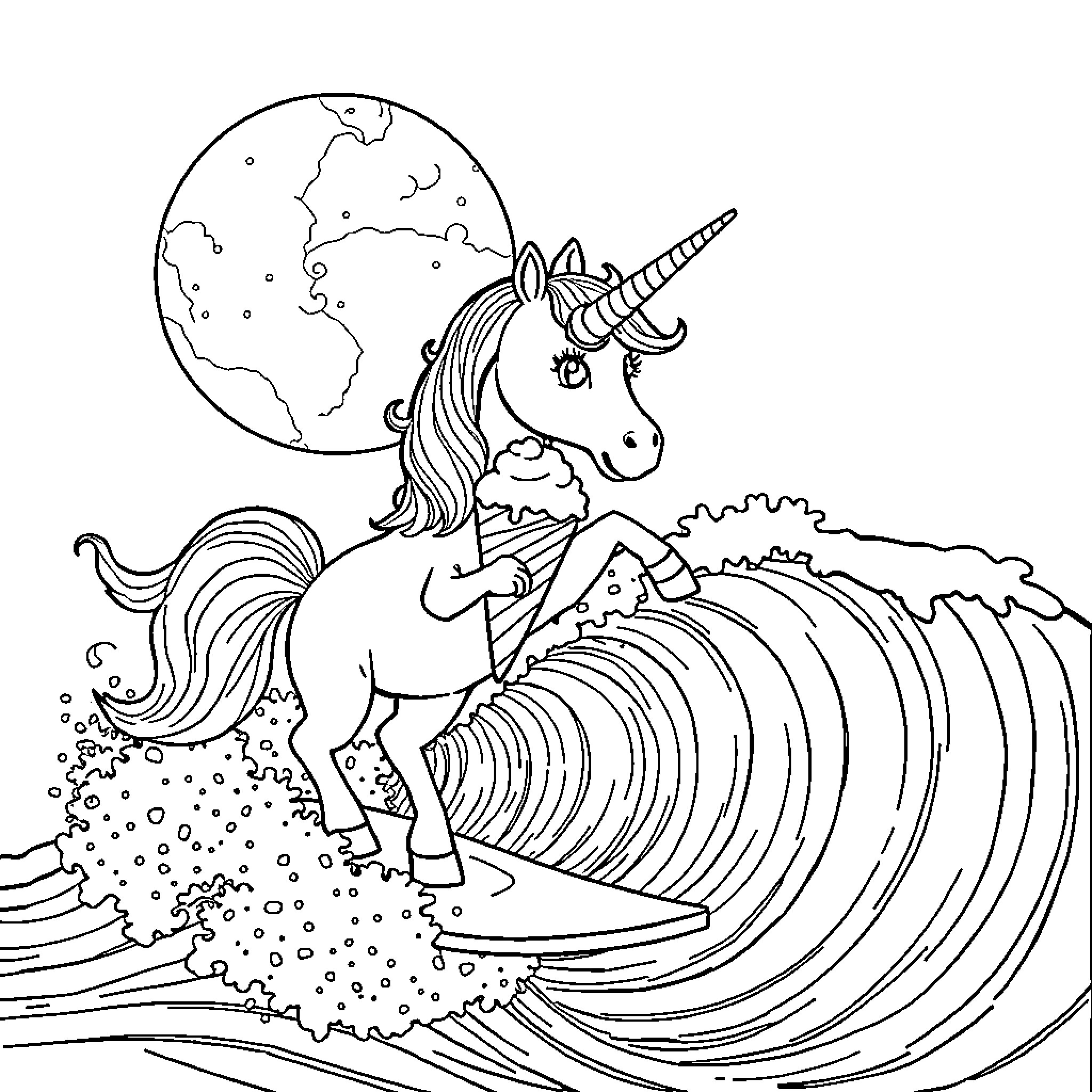 Unicorn Riding Waves in the Moonlight Coloring Page (free black-and-white line drawing printable PDF for all, from beginners to advanced learners, including children, teens, adults, and seniors)
